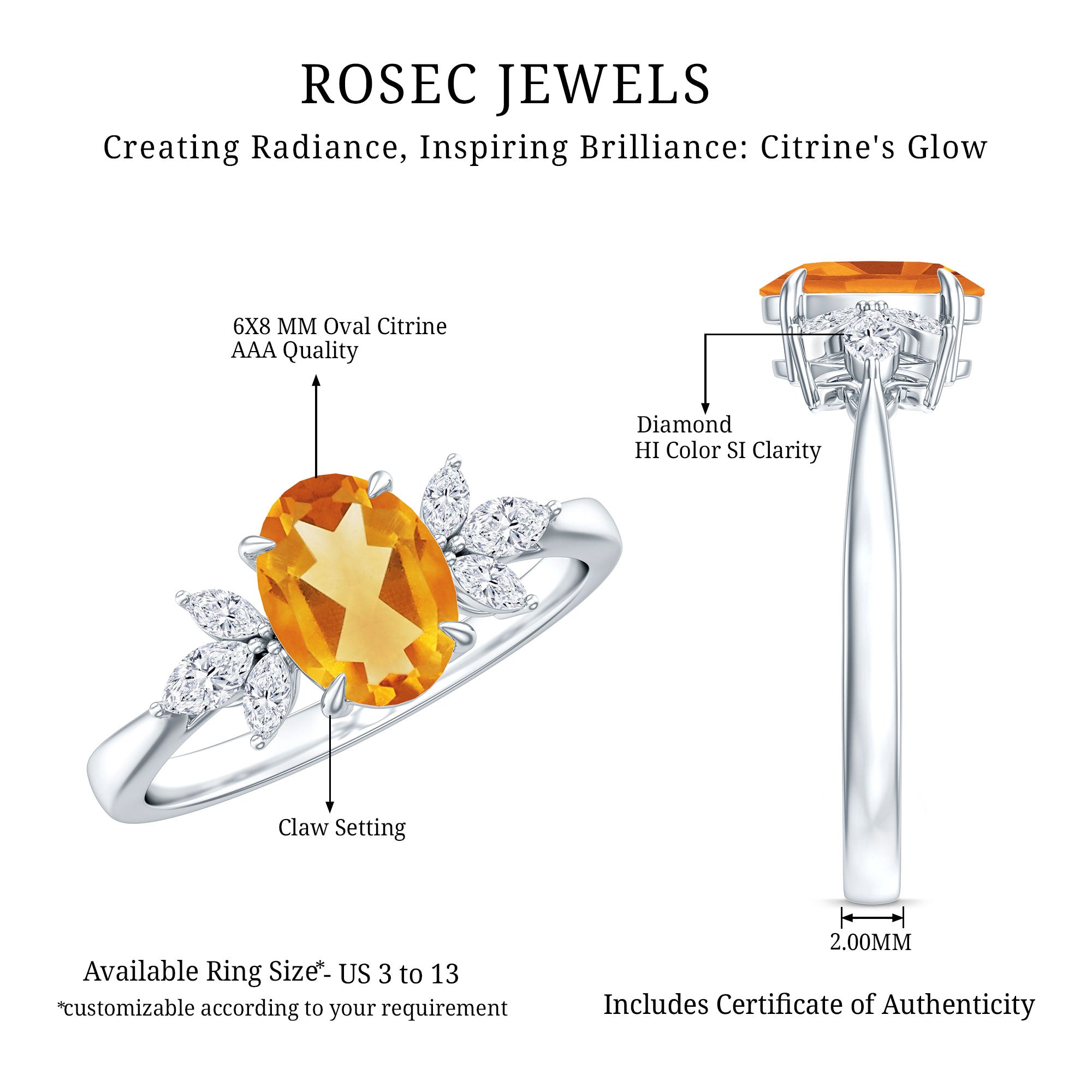 Certified Real 6X8mm Citrine Oval Engagement Ring with Diamond Trio AAA - Rosec Jewels