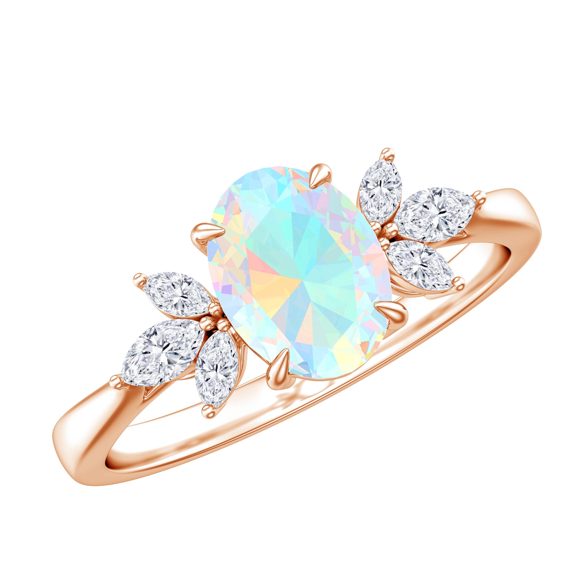 Natural 6X8mm Rainbow Opal Oval Engagement Ring with Diamond AAA - Rosec Jewels
