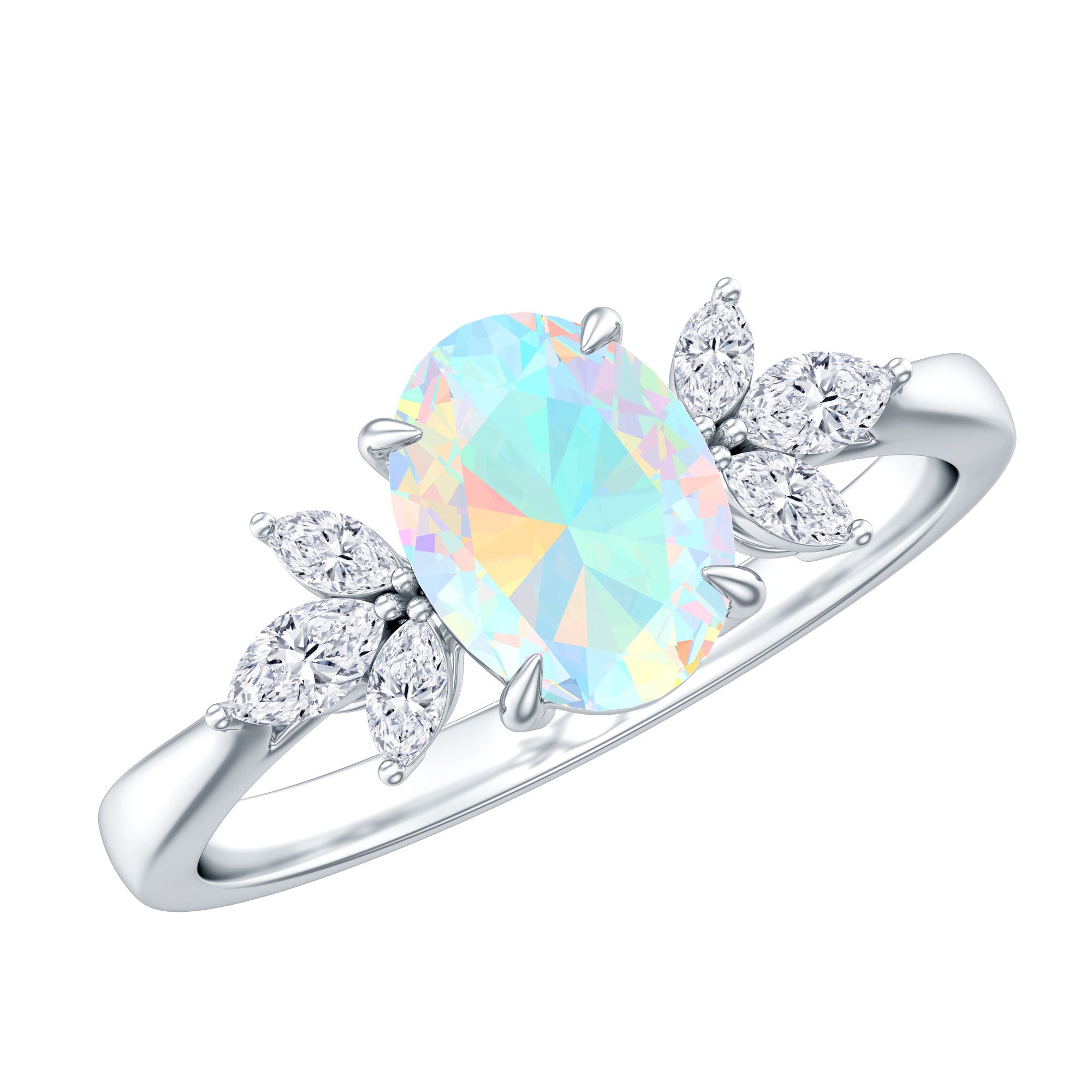 Natural 6X8mm Rainbow Opal Oval Engagement Ring with Diamond AAA - Rosec Jewels