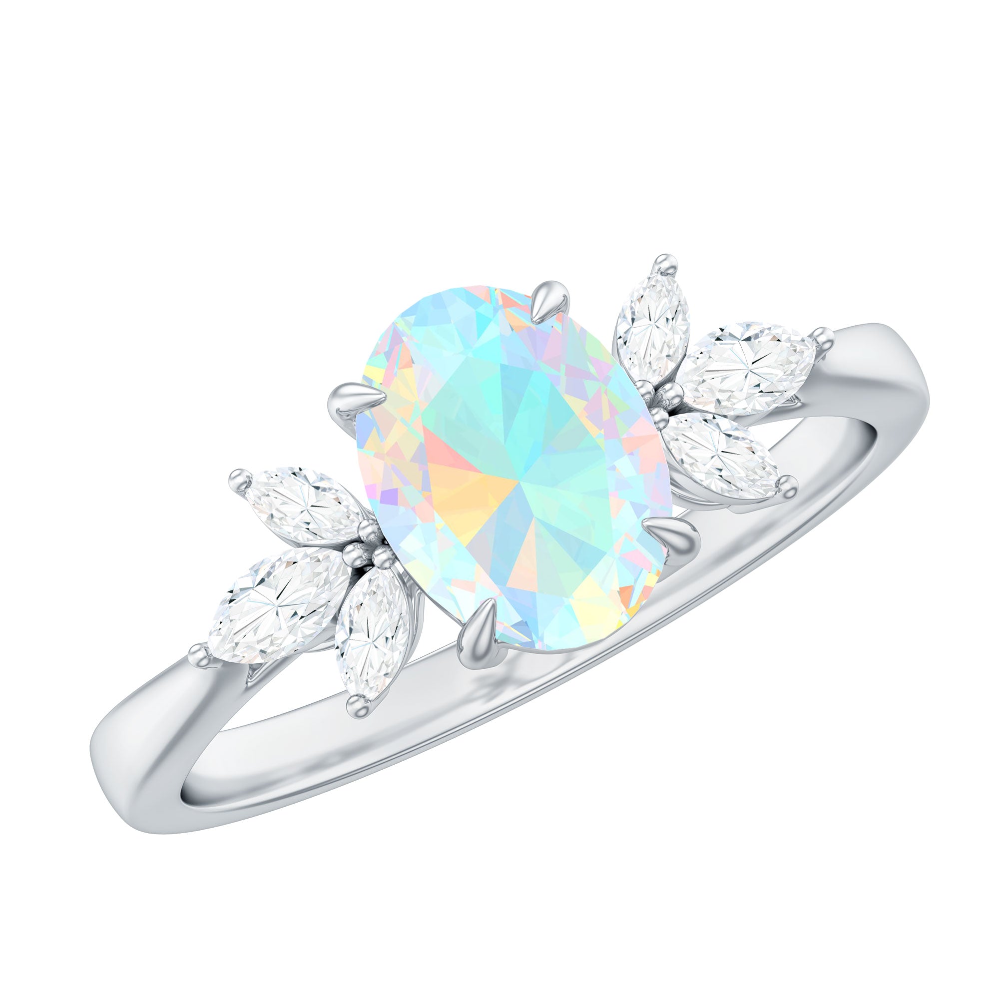 Natural 6X8mm Rainbow Opal Oval Engagement Ring with Diamond