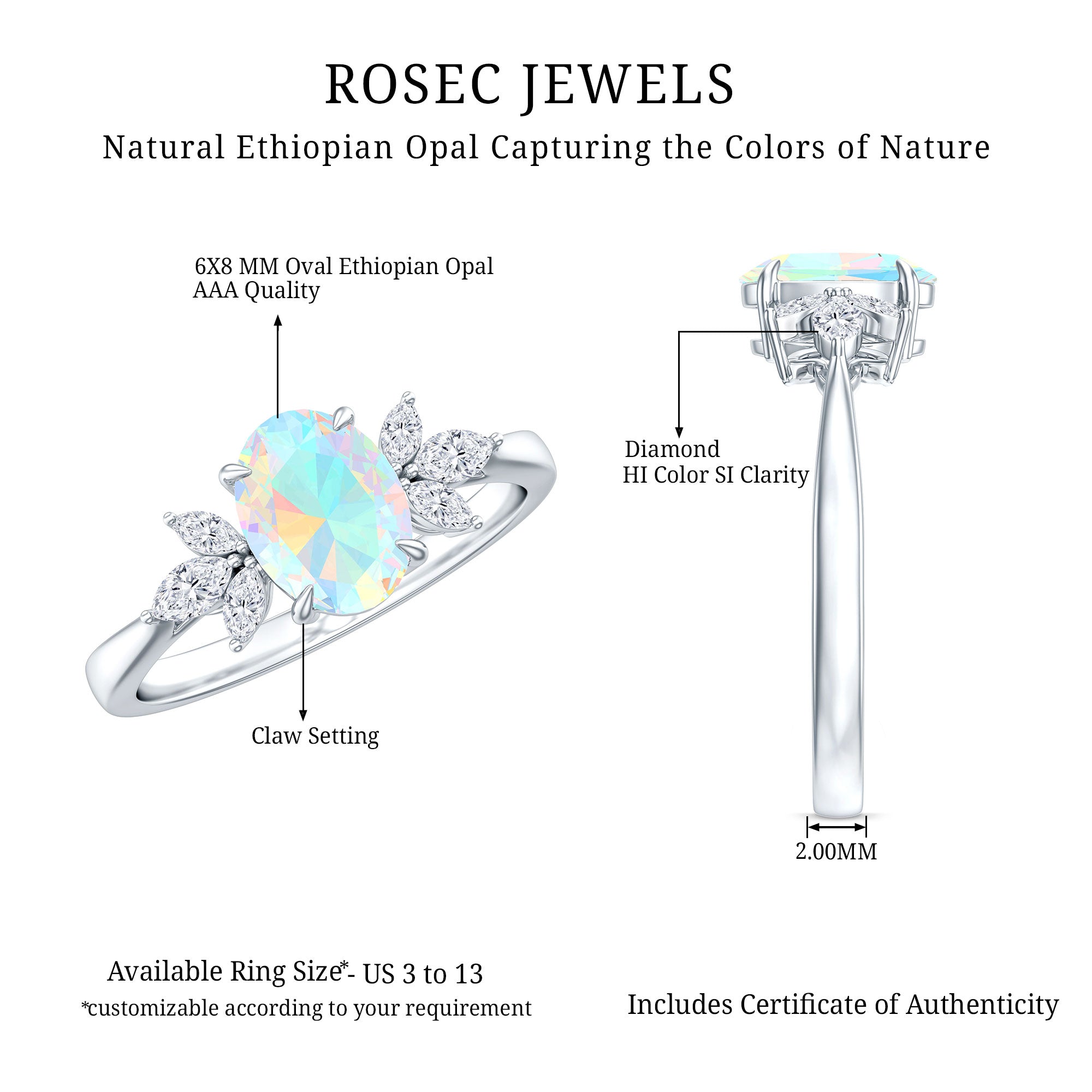 Natural 6X8mm Rainbow Opal Oval Engagement Ring with Diamond AAA - Rosec Jewels