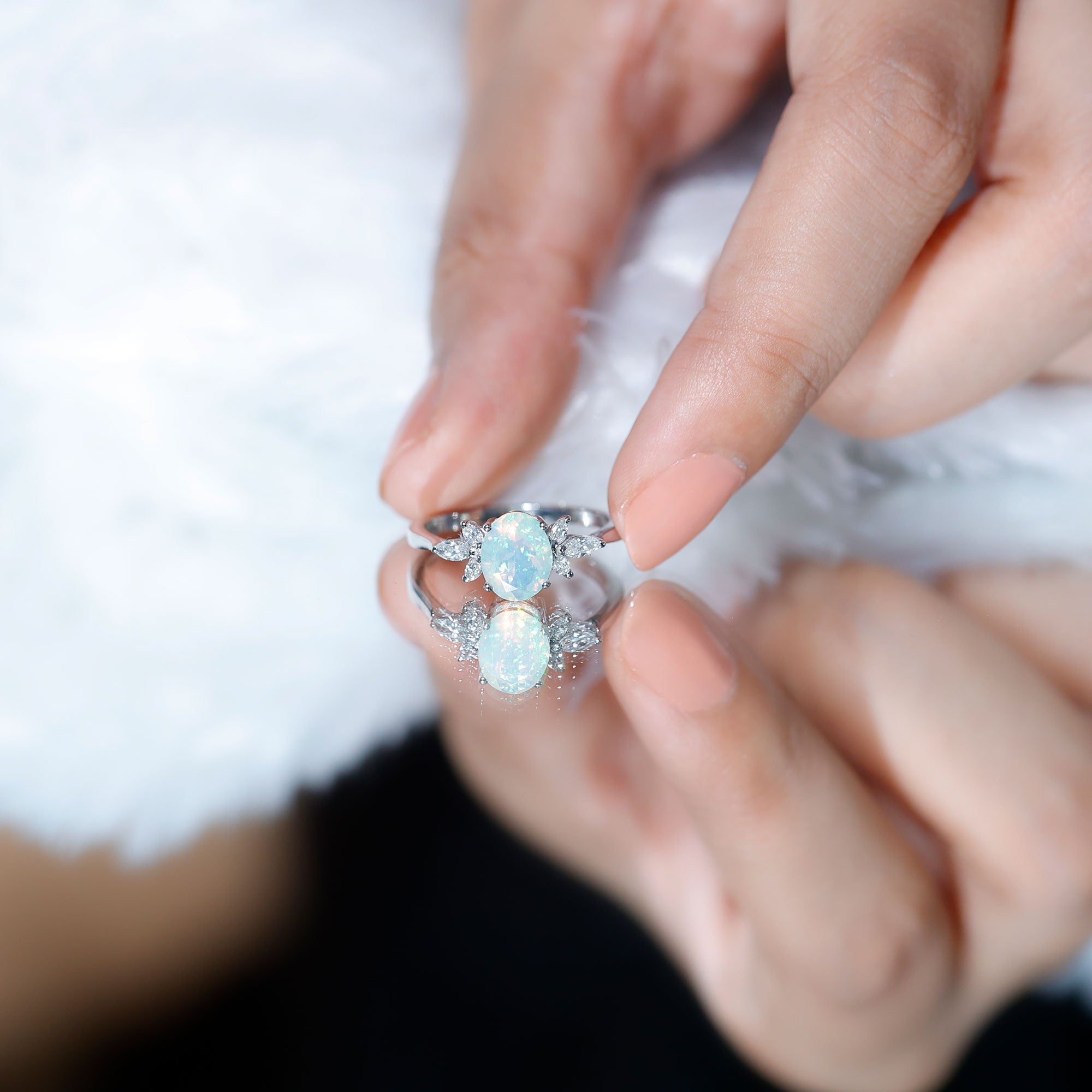 Natural 6X8mm Rainbow Opal Oval Engagement Ring with Diamond AAA - Rosec Jewels
