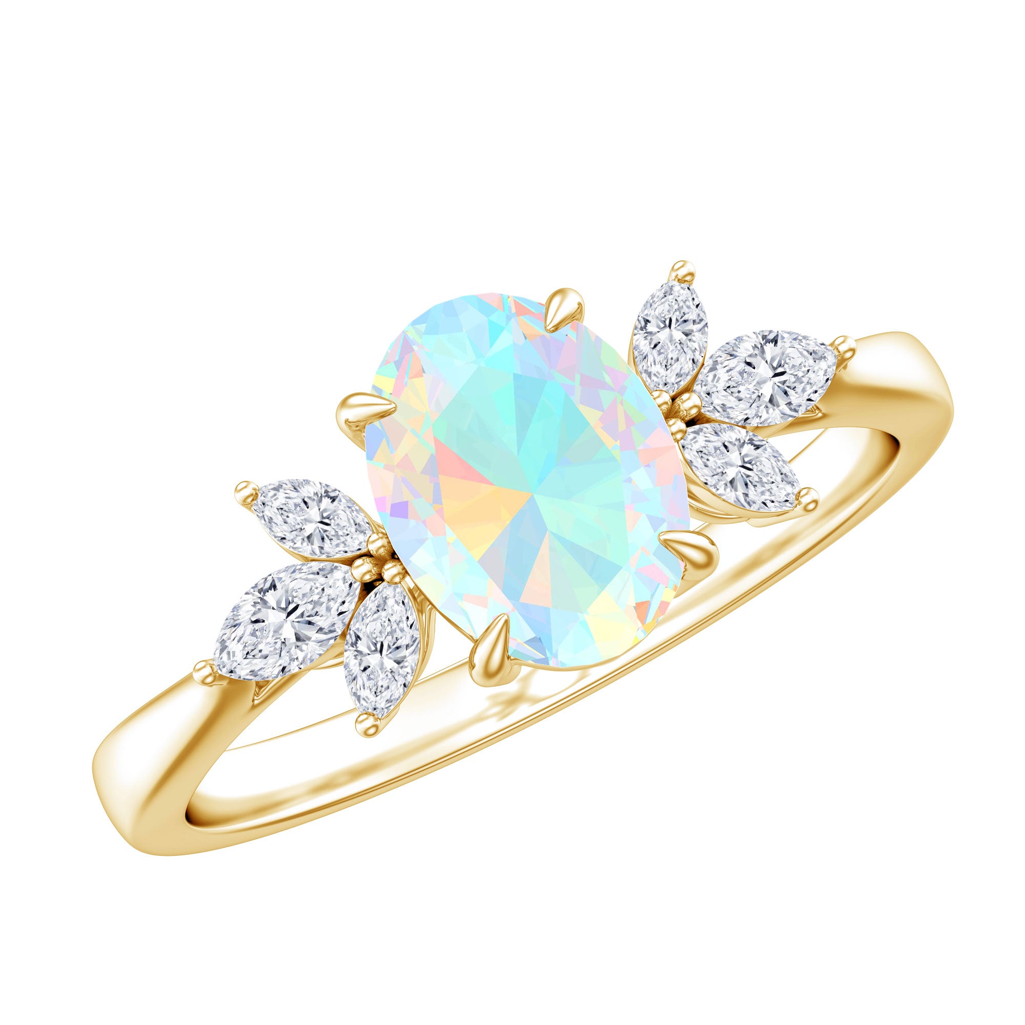 Natural 6X8mm Rainbow Opal Oval Engagement Ring with Diamond AAA - Rosec Jewels