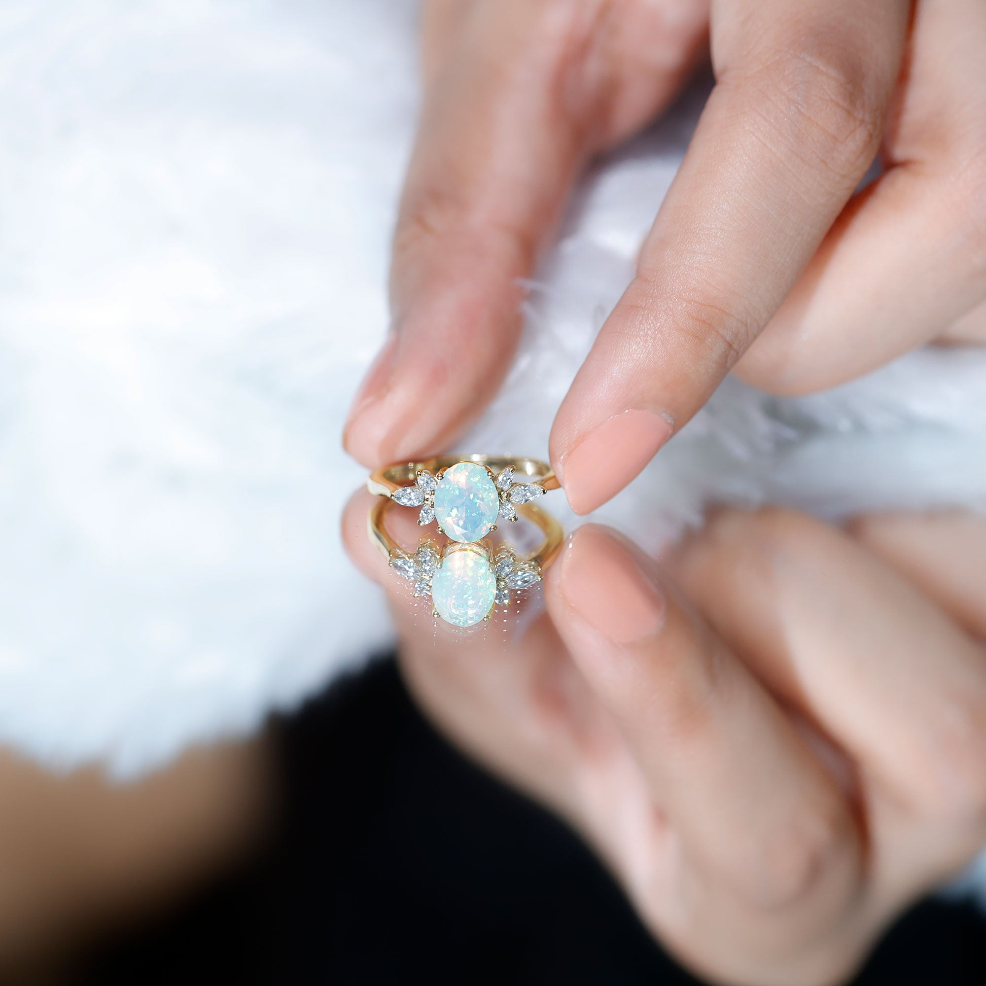 Natural 6X8mm Rainbow Opal Oval Engagement Ring with Diamond AAA - Rosec Jewels