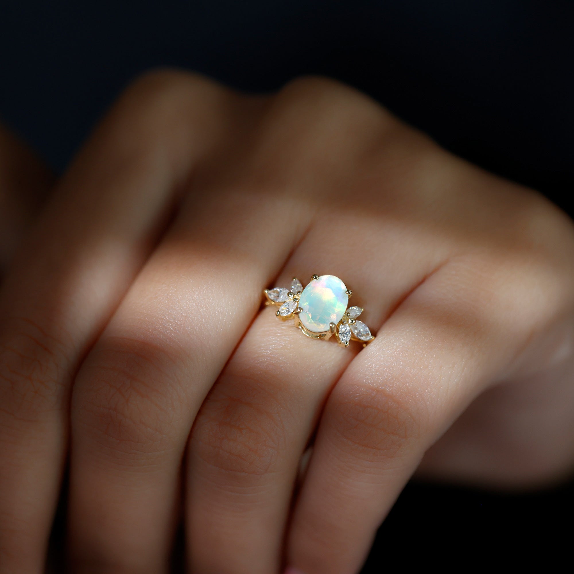 Natural 6X8mm Rainbow Opal Oval Engagement Ring with Diamond AAA - Rosec Jewels