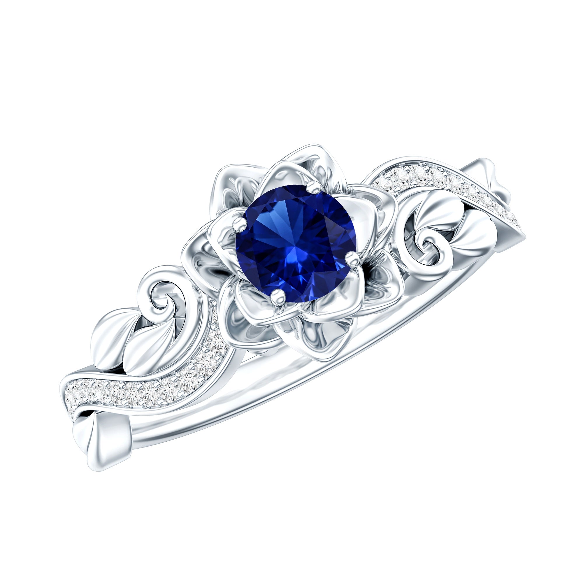 Certified Lab Grown Blue Sapphire Flower Engagement Ring with Diamond AAAA - Rosec Jewels