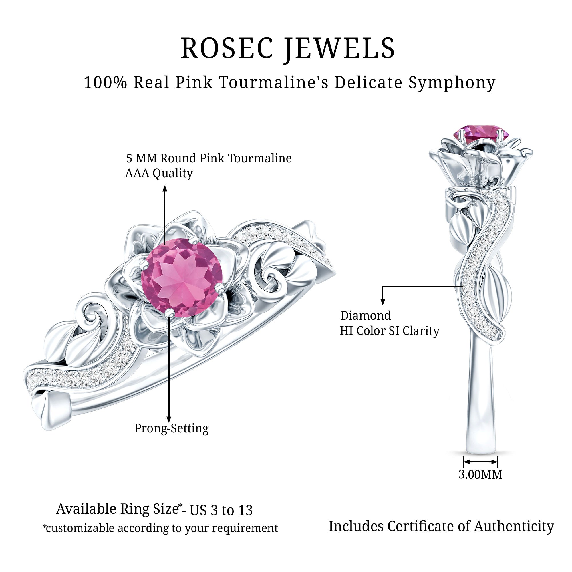 Nature Inspired Pink Tourmaline and Diamond Engagement Ring AAA - Rosec Jewels