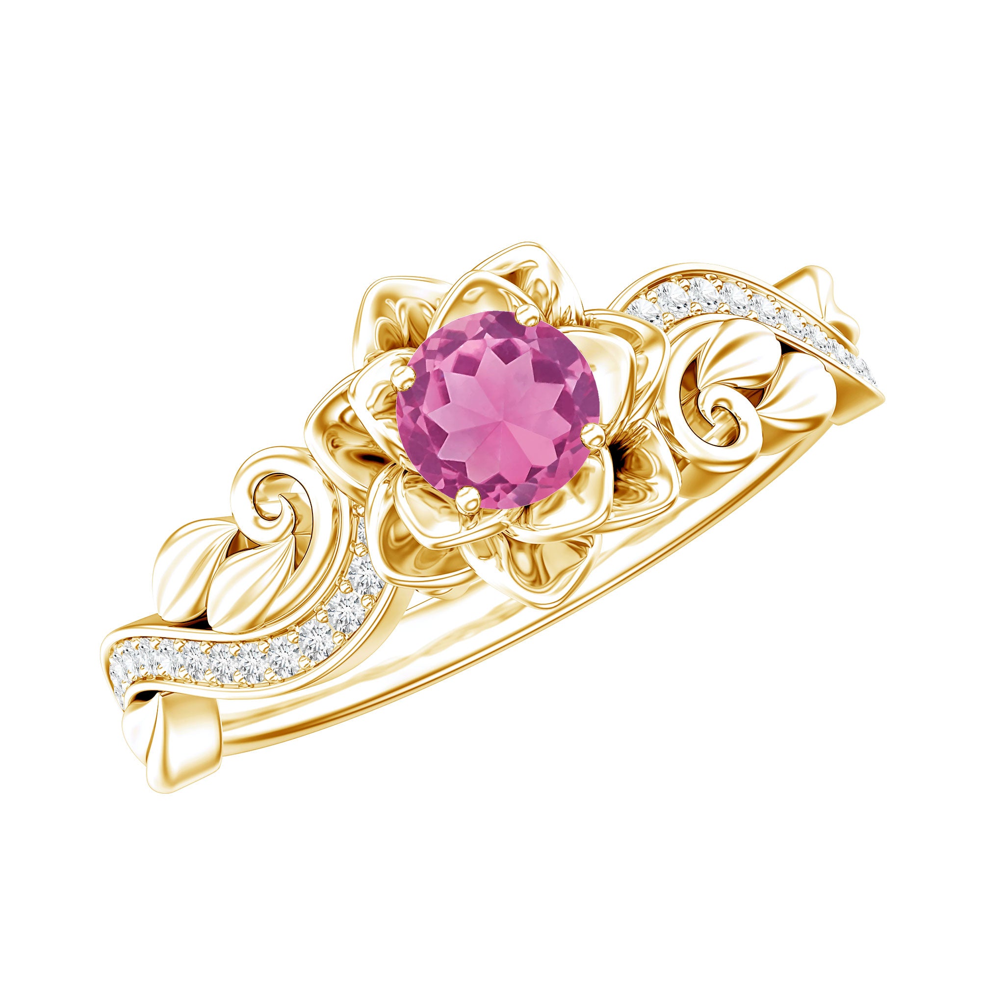 Nature Inspired Pink Tourmaline and Diamond Engagement Ring AAA - Rosec Jewels