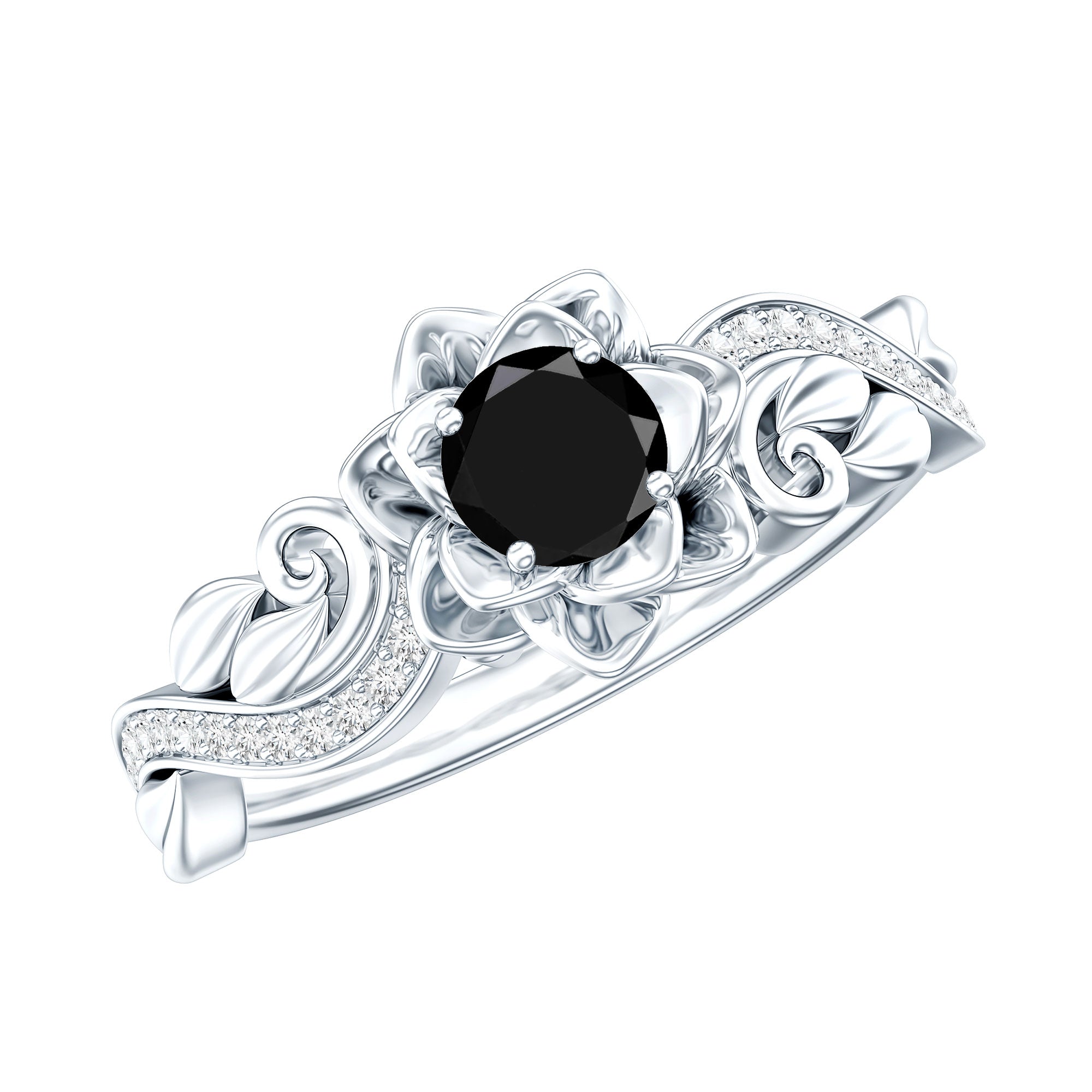 Certified 0.8 Carat Lab Grown Black and White Diamond Flower Engagement Ring AAAA ( Synthetic ) - Rosec Jewels