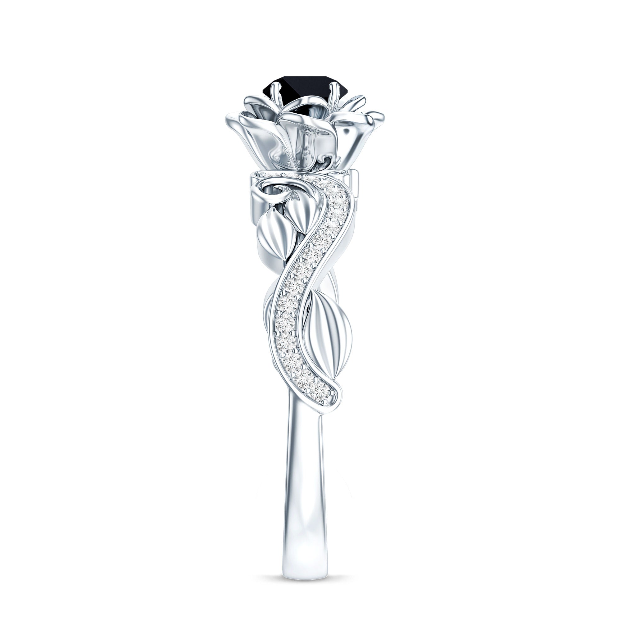 Certified 0.8 Carat Lab Grown Black and White Diamond Flower Engagement Ring AAAA ( Synthetic ) - Rosec Jewels