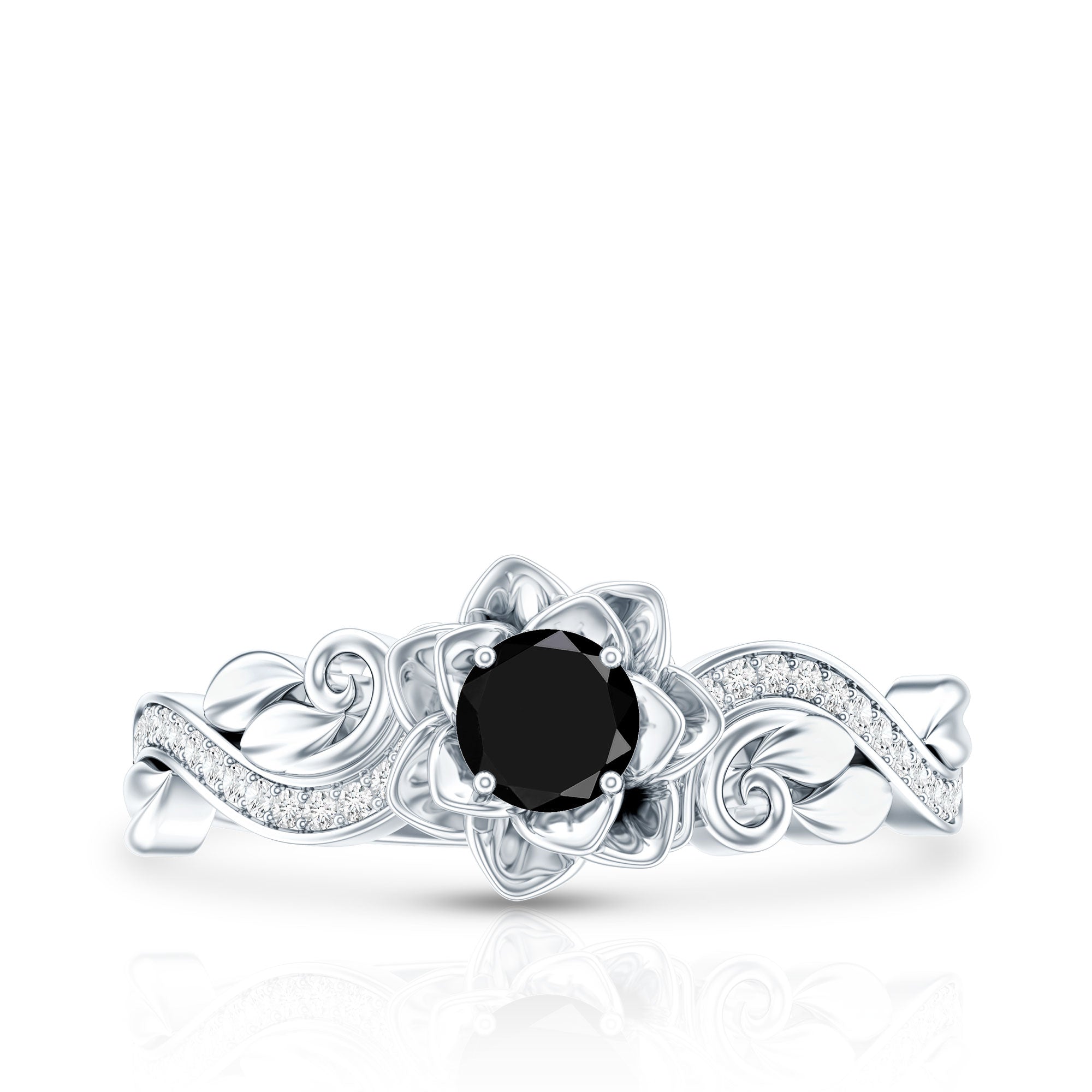 Certified 0.8 Carat Lab Grown Black and White Diamond Flower Engagement Ring AAAA ( Synthetic ) - Rosec Jewels