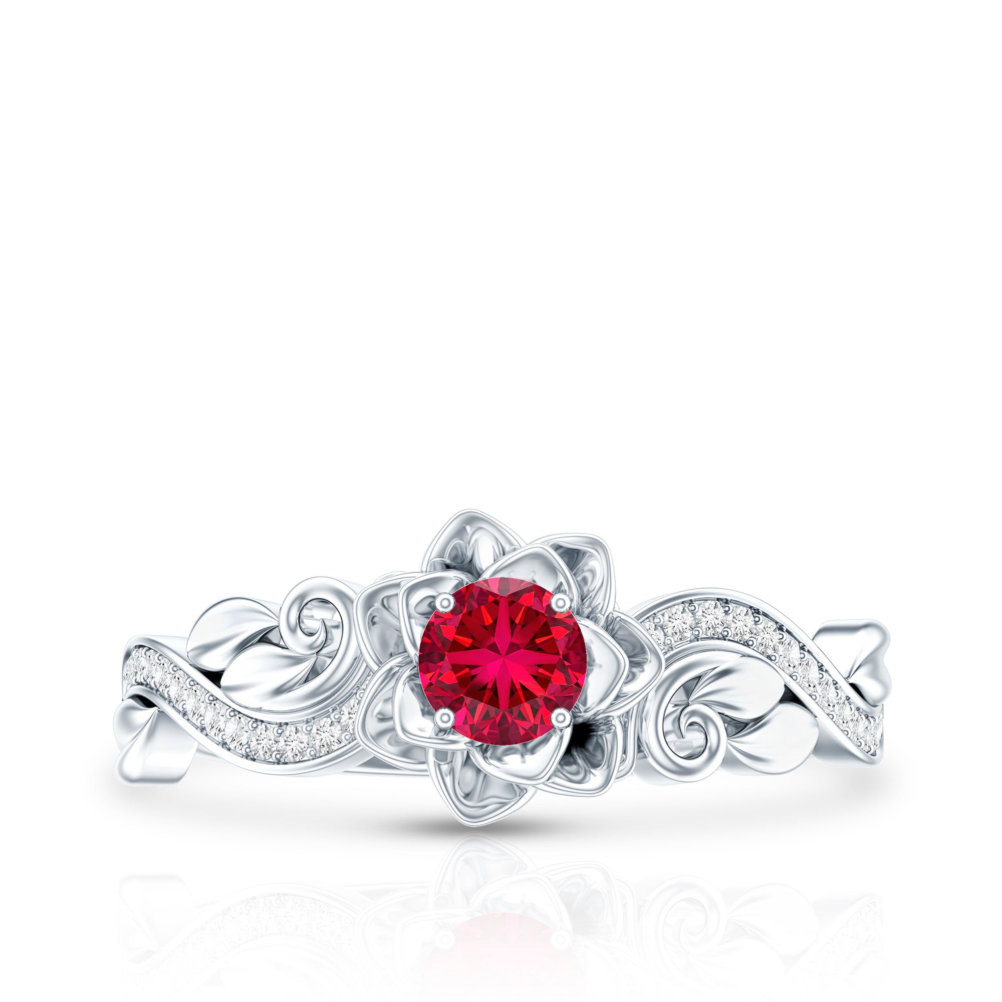 Nature Inspired Engagement Ring with Lab Ruby and Diamonds AAAA - Rosec Jewels
