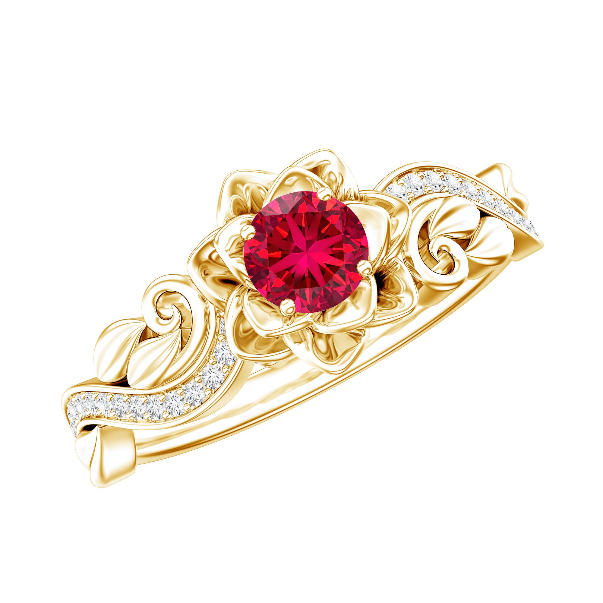 Nature Inspired Engagement Ring with Lab Ruby and Diamonds AAAA - Rosec Jewels