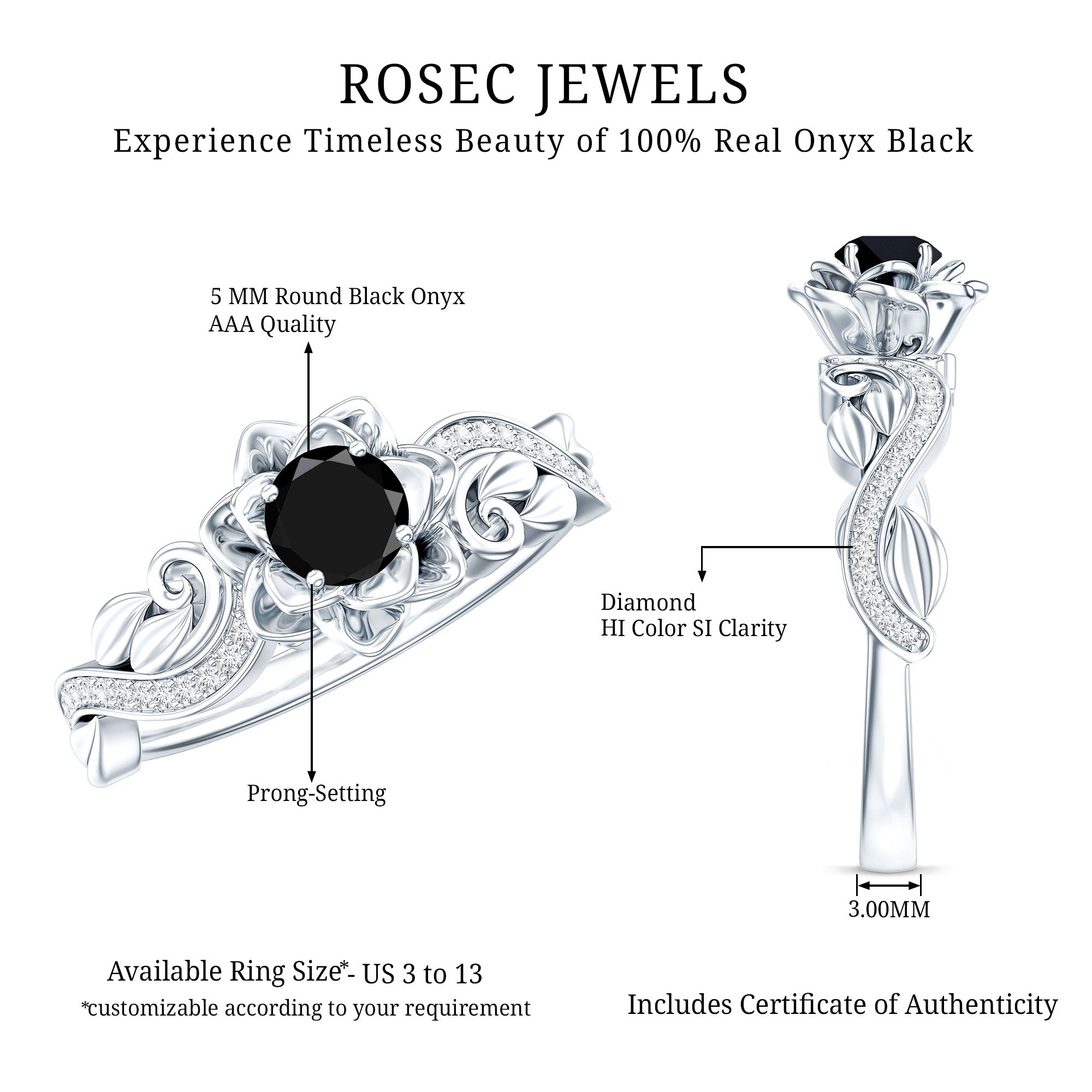 Nature Inspired Black Onyx and Diamond Floral Engagement Ring AAA - Rosec Jewels
