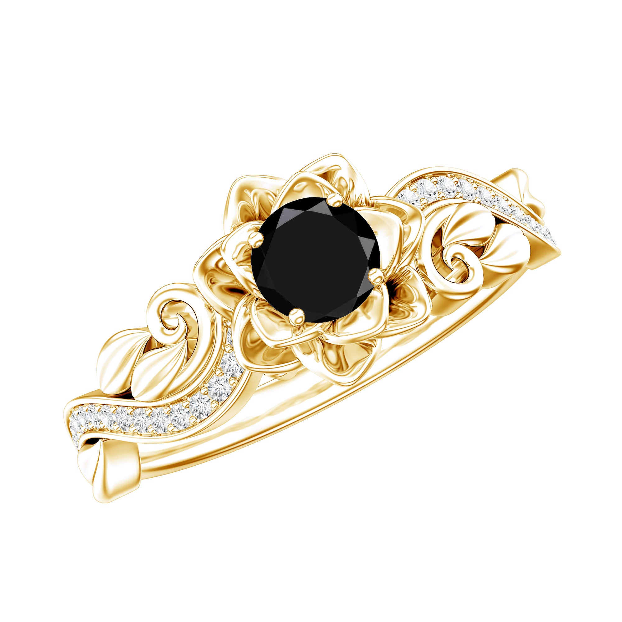 Nature Inspired Black Onyx and Diamond Floral Engagement Ring AAA - Rosec Jewels