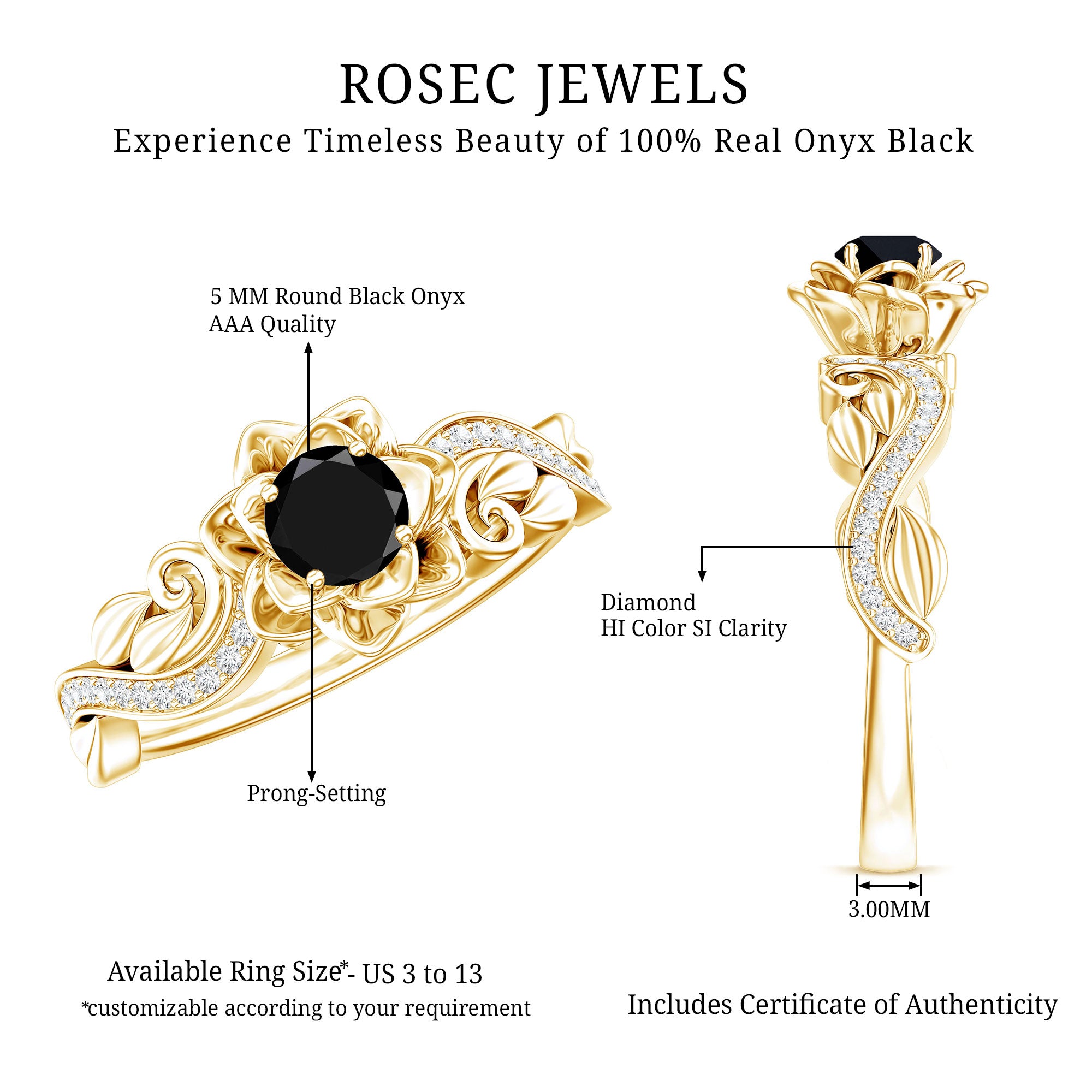 Nature Inspired Black Onyx and Diamond Floral Engagement Ring AAA - Rosec Jewels