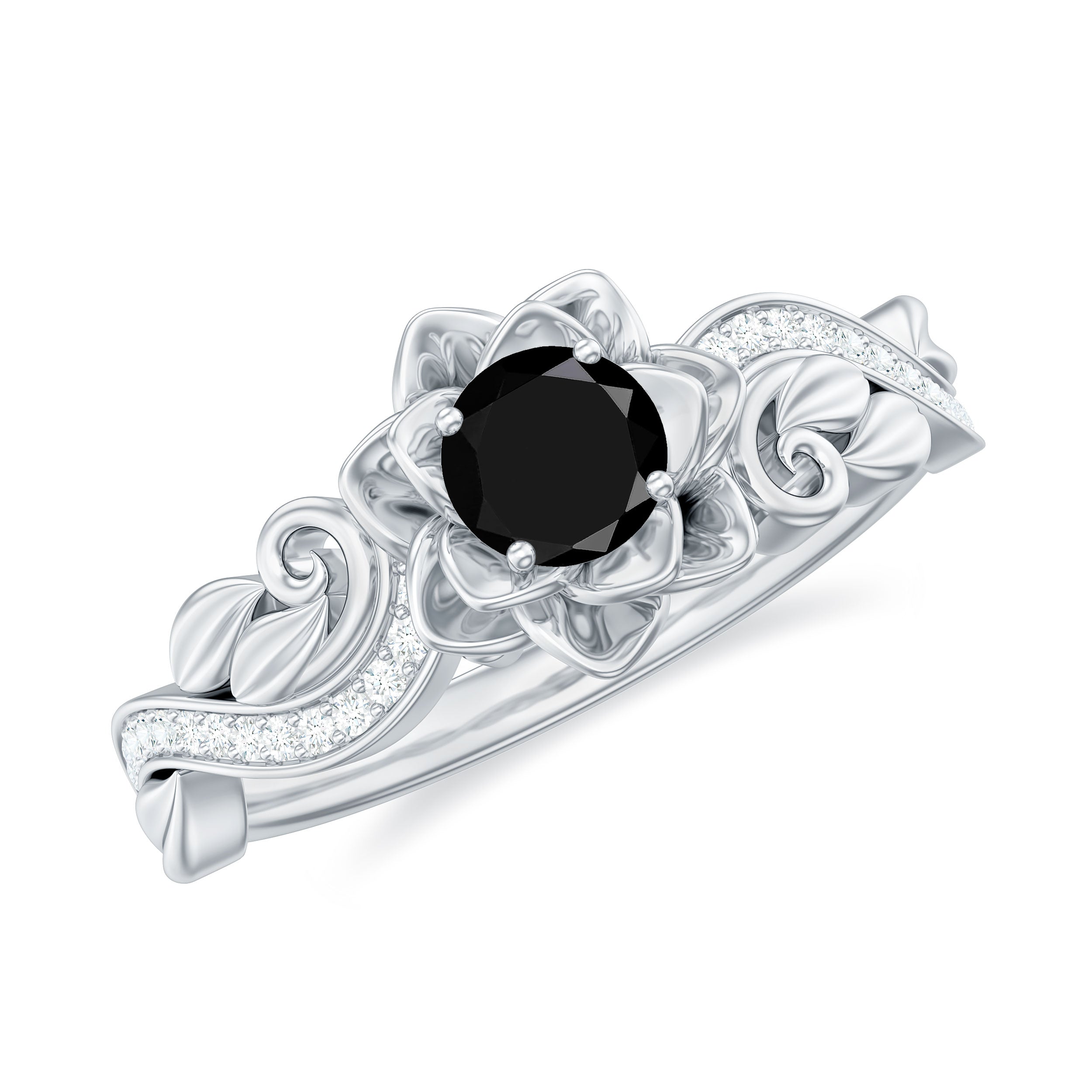 Real Black Spinel Blooming Flower Engagement Ring with Diamond