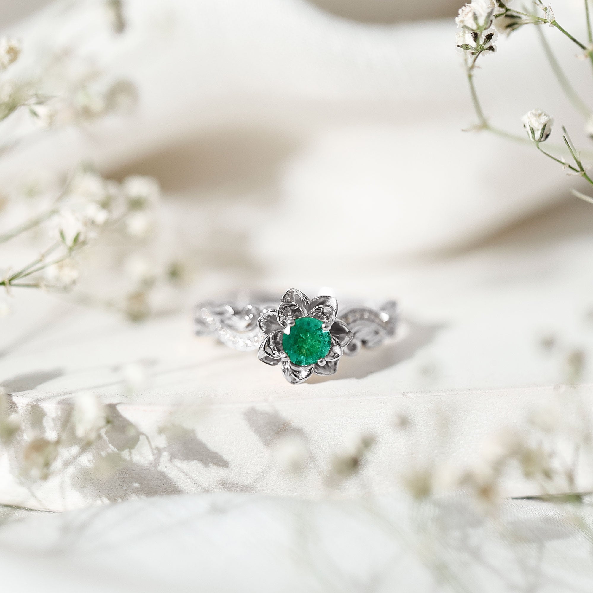 Natural Emerald Flower Engagement Ring with Diamond AAA - Rosec Jewels