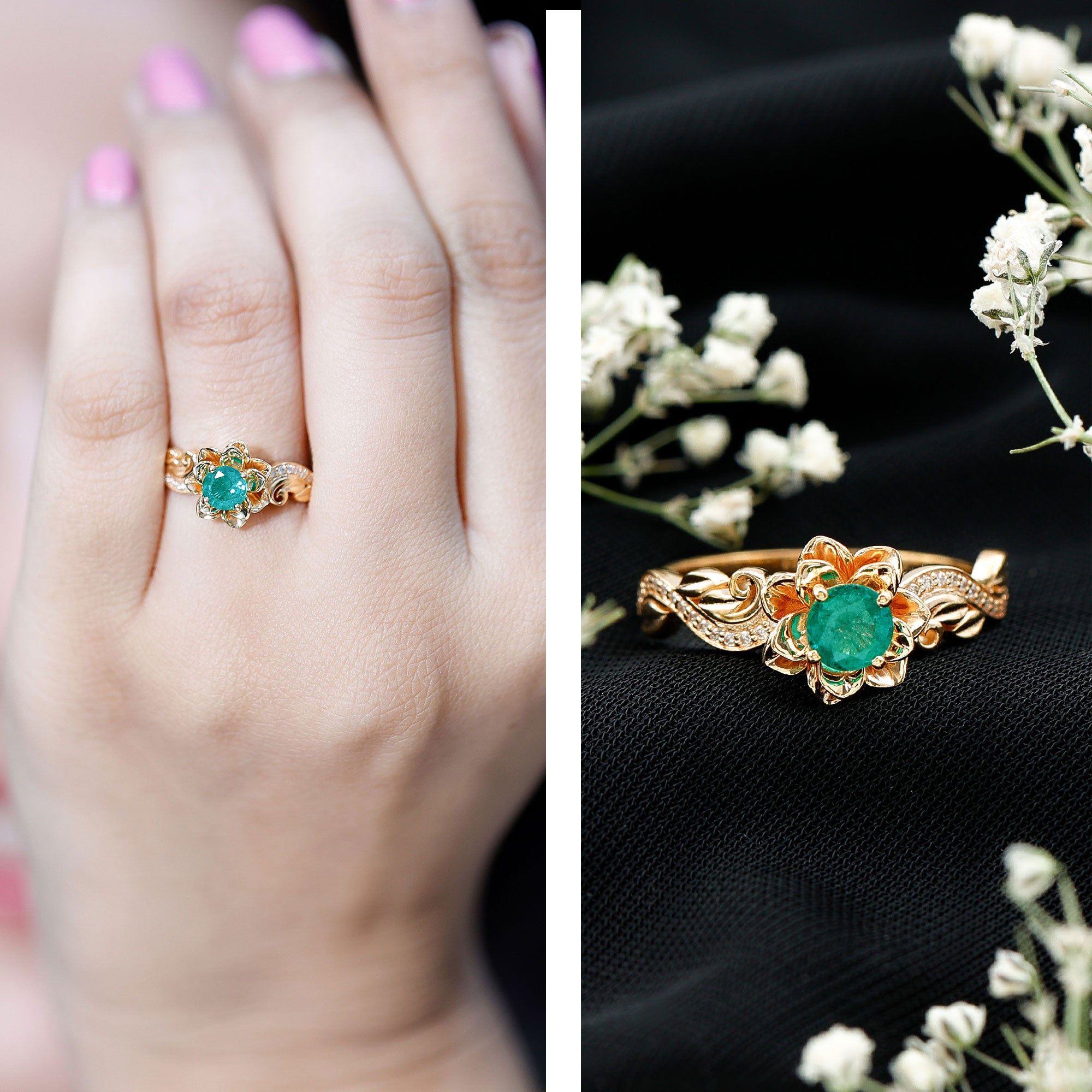 Natural Emerald Flower Engagement Ring with Diamond AAA - Rosec Jewels
