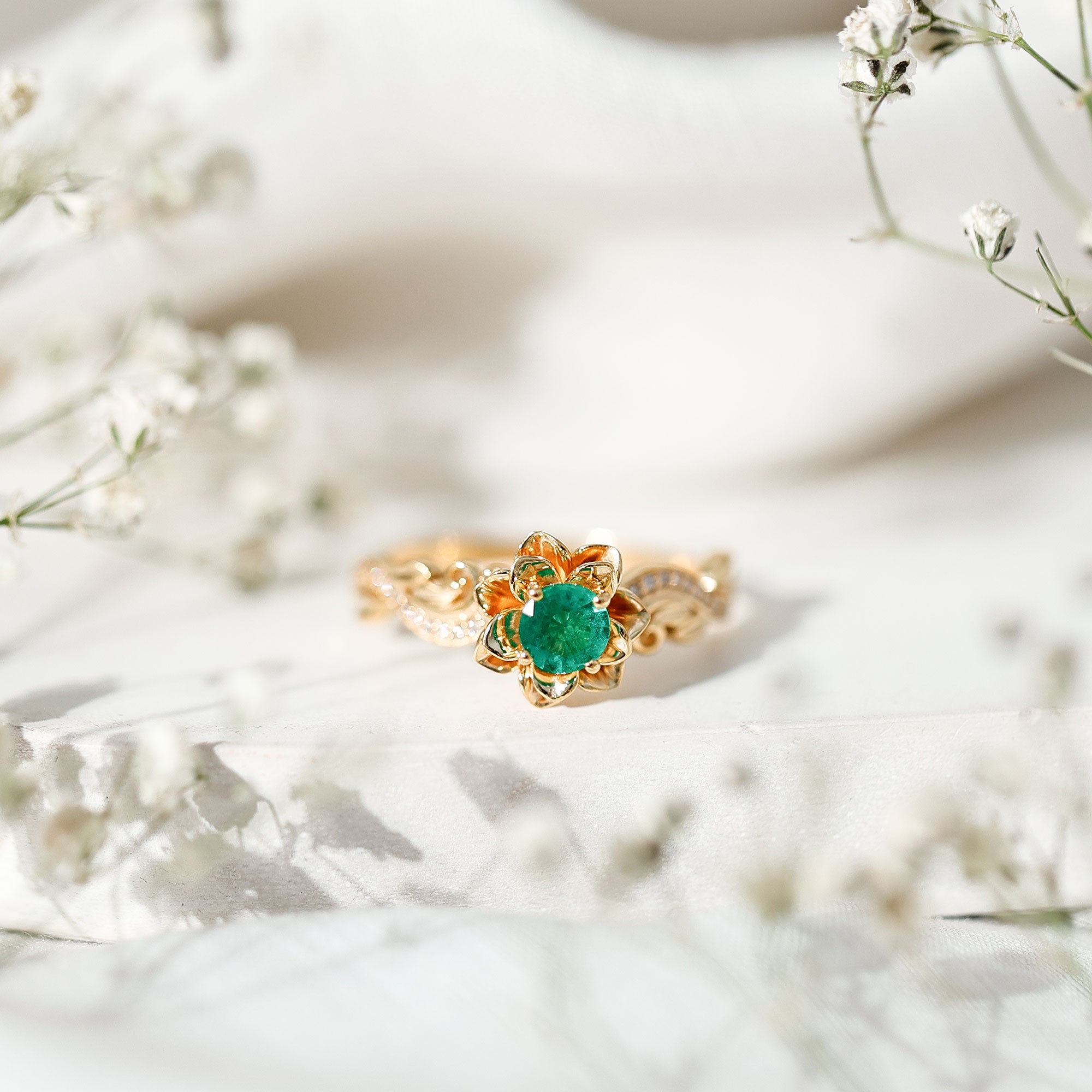 Natural Emerald Flower Engagement Ring with Diamond AAA - Rosec Jewels