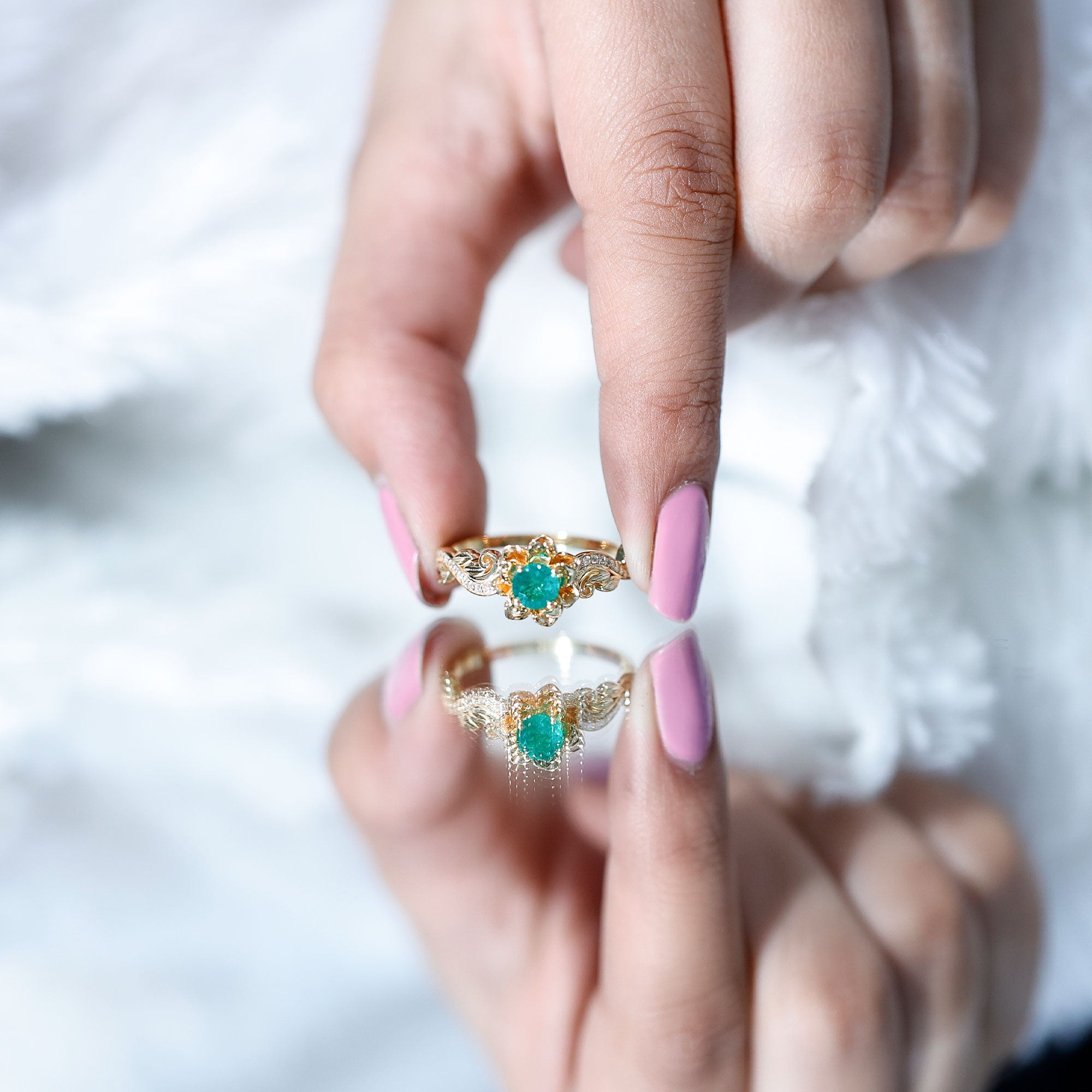 Natural Emerald Flower Engagement Ring with Diamond AAA - Rosec Jewels