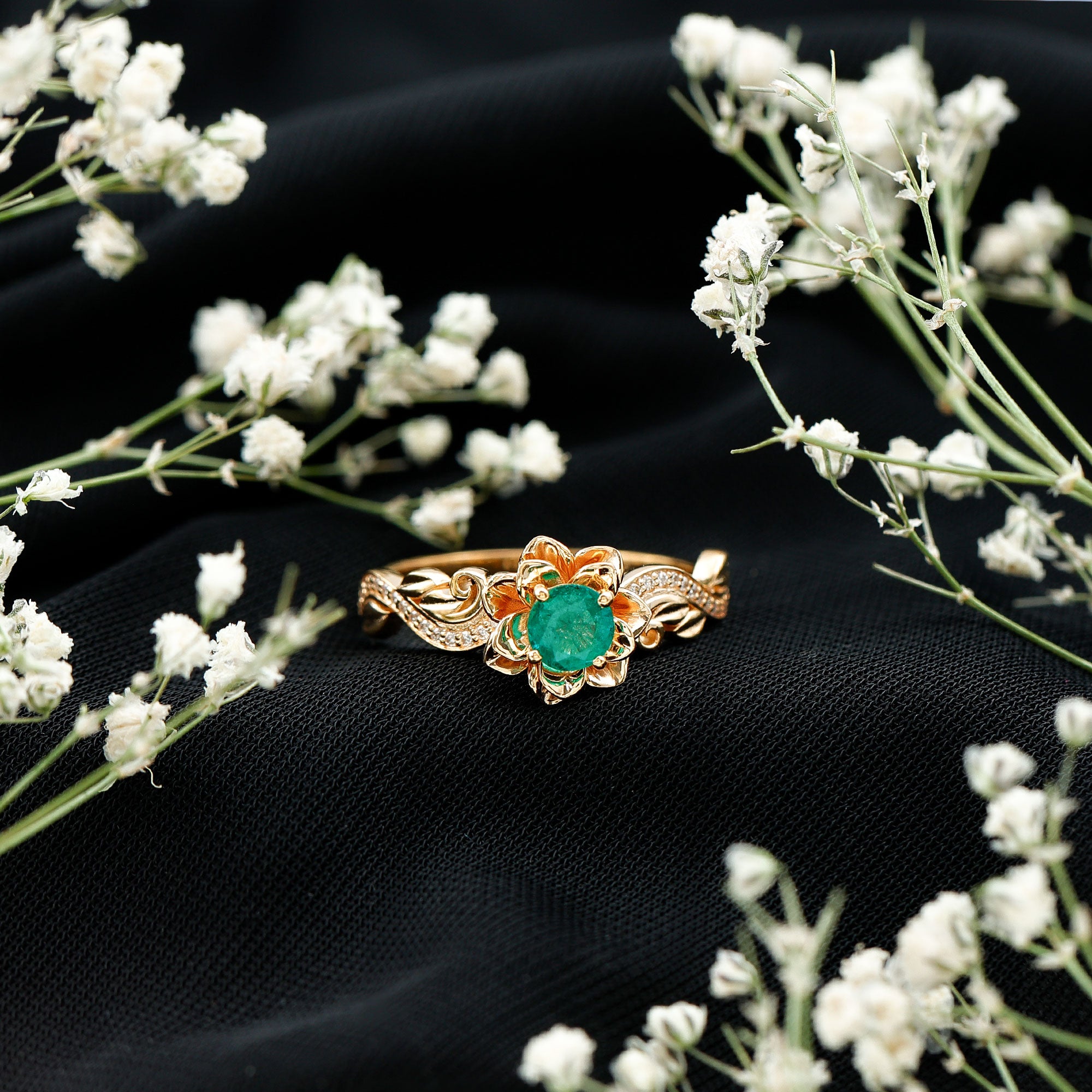 Natural Emerald Flower Engagement Ring with Diamond AAA - Rosec Jewels