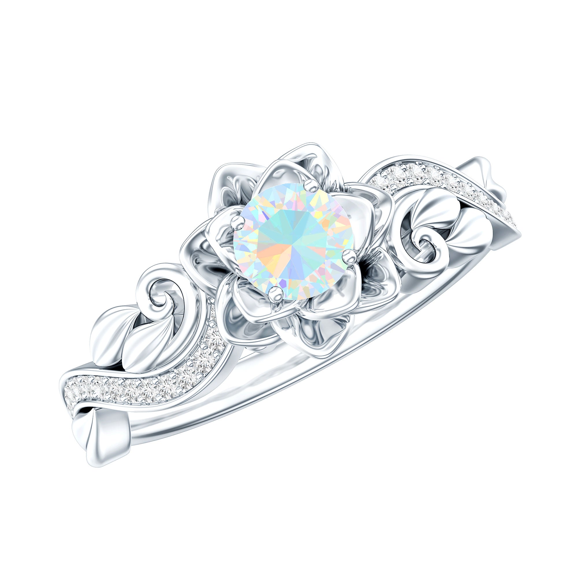 Genuine Ethiopian Opal Flower Engagement Ring With Real Diamond AAA - Rosec Jewels