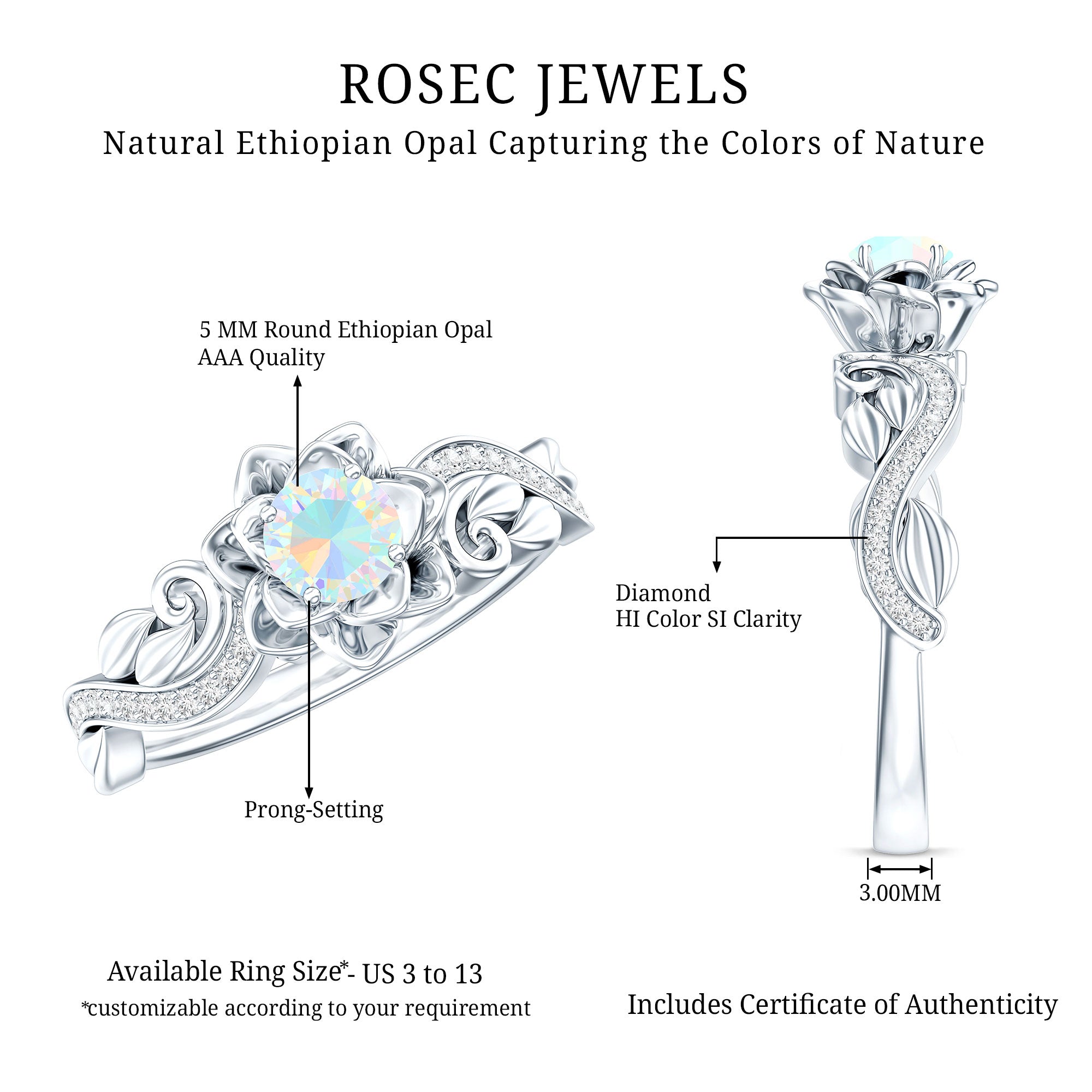 Genuine Ethiopian Opal Flower Engagement Ring With Real Diamond AAA - Rosec Jewels