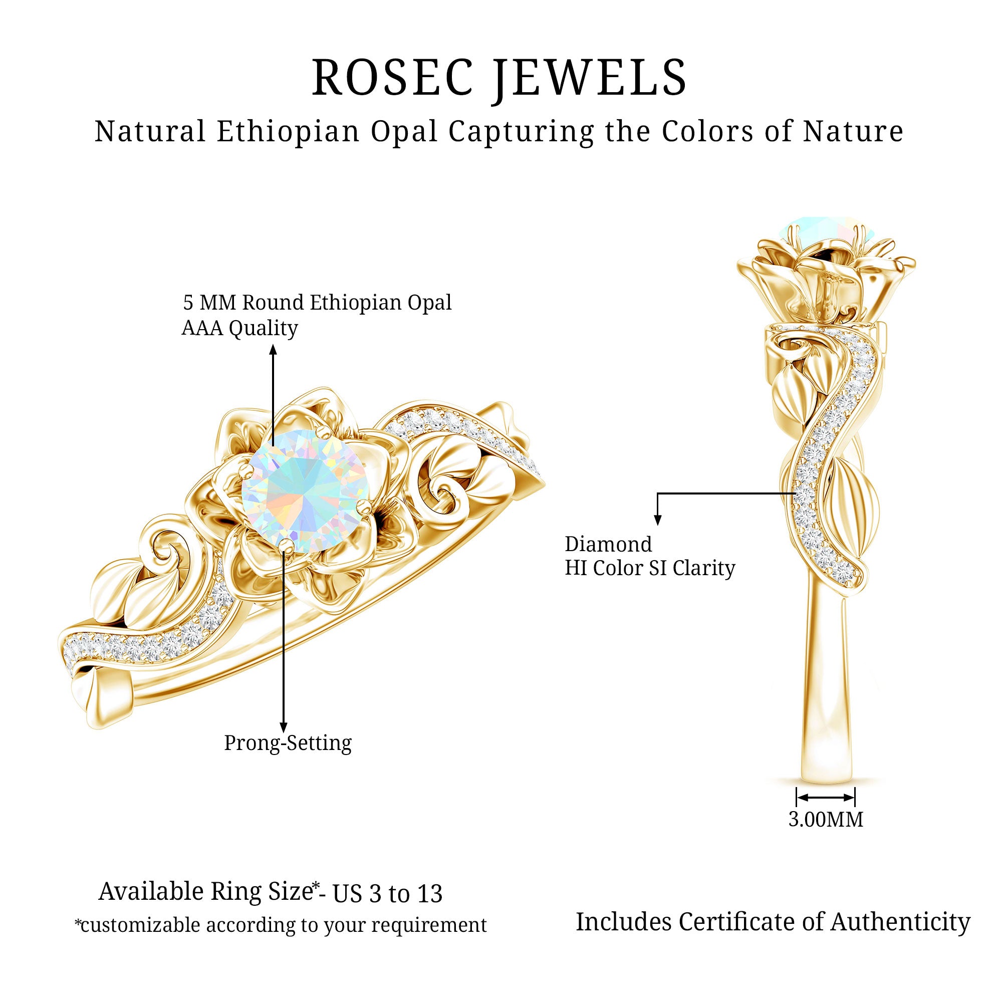 Genuine Ethiopian Opal Flower Engagement Ring With Real Diamond AAA - Rosec Jewels