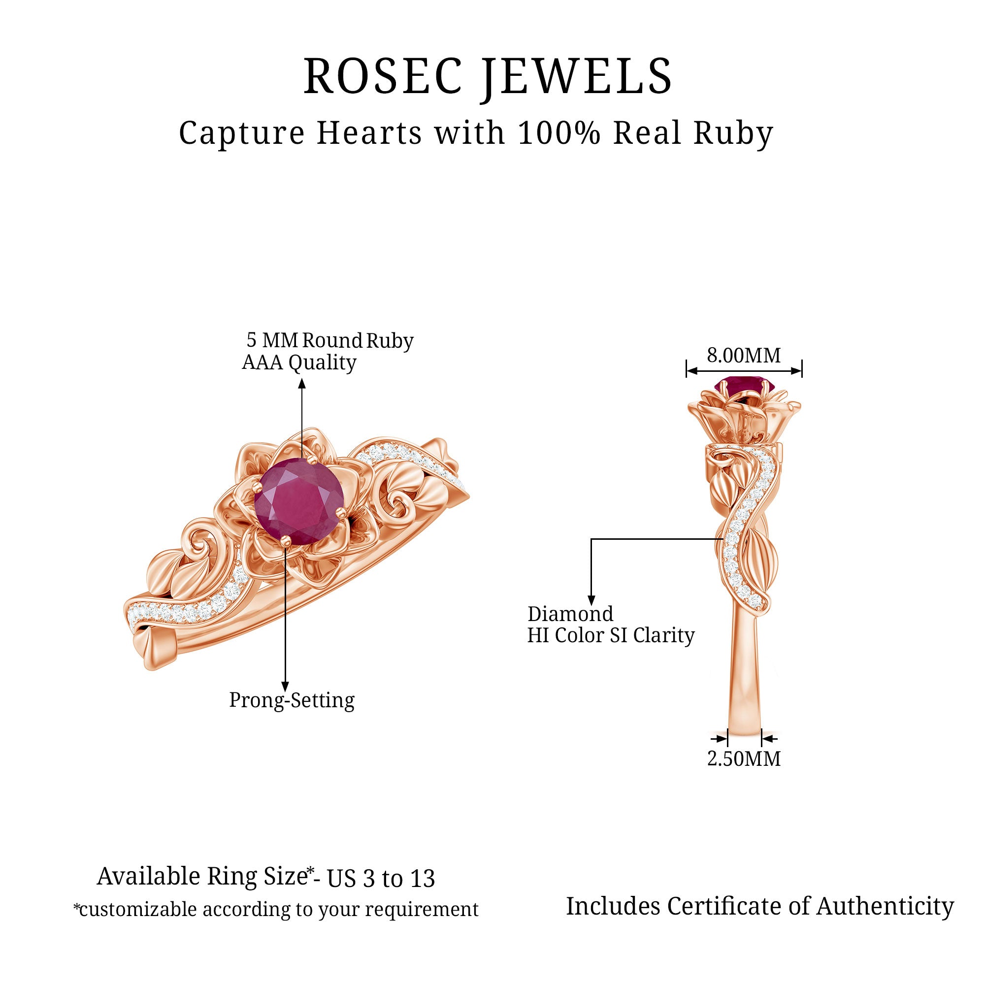 Nature Inspired 0.6 Carat Ruby Diamond Engagement Ring for Women AAA - Rosec Jewels