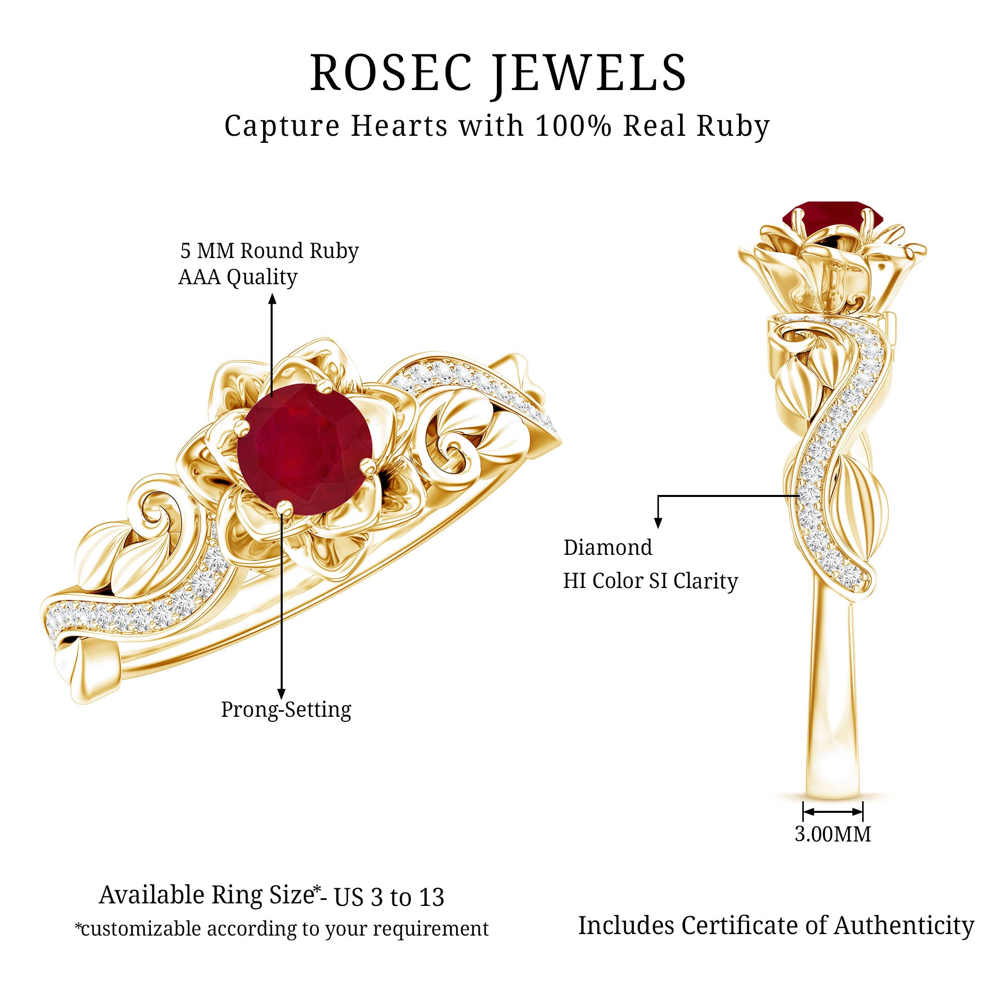 Nature Inspired 0.6 Carat Ruby Diamond Engagement Ring for Women AAA - Rosec Jewels