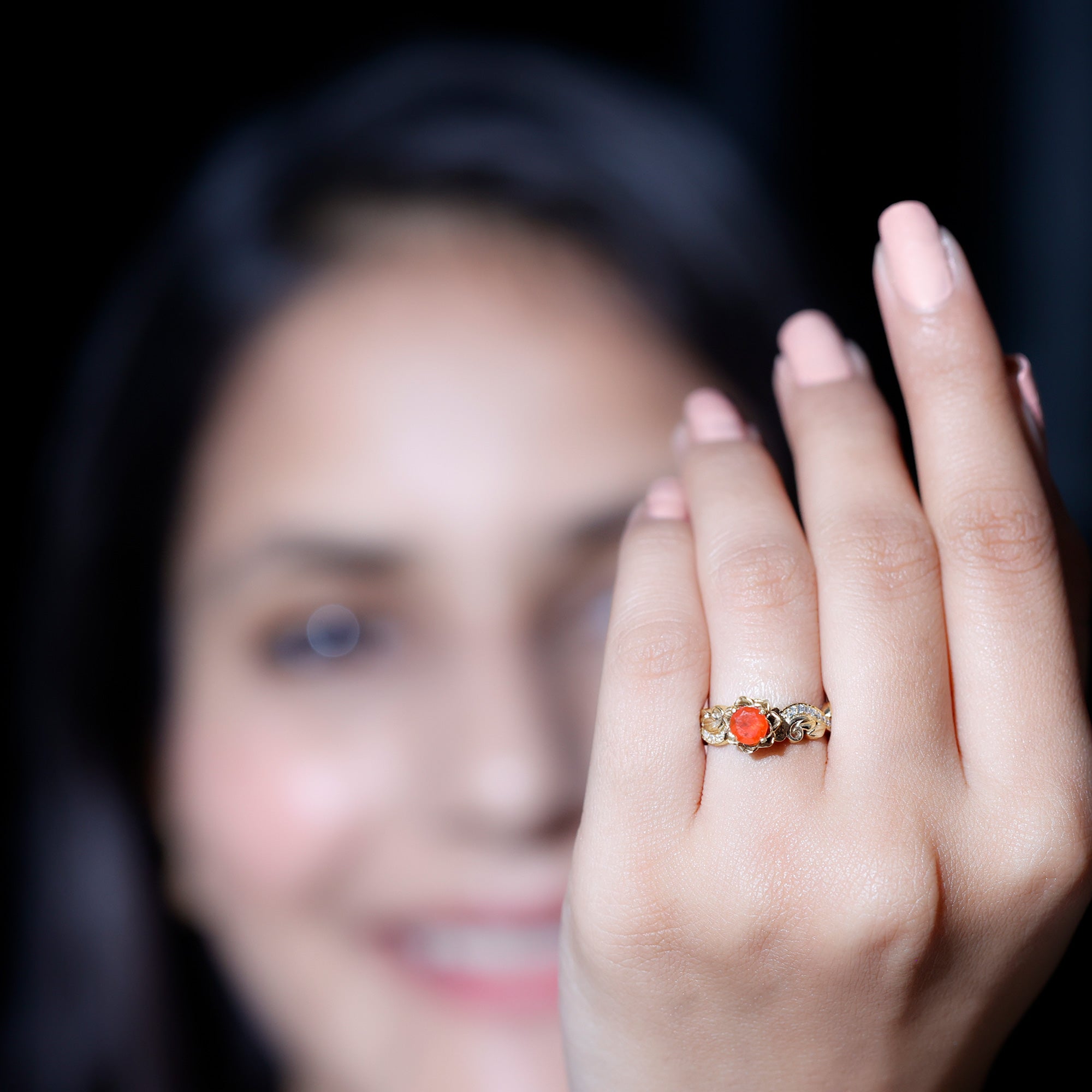 Rosec Jewels-Nature Inspired Fire Opal and Diamond Engagement Ring with Certificate