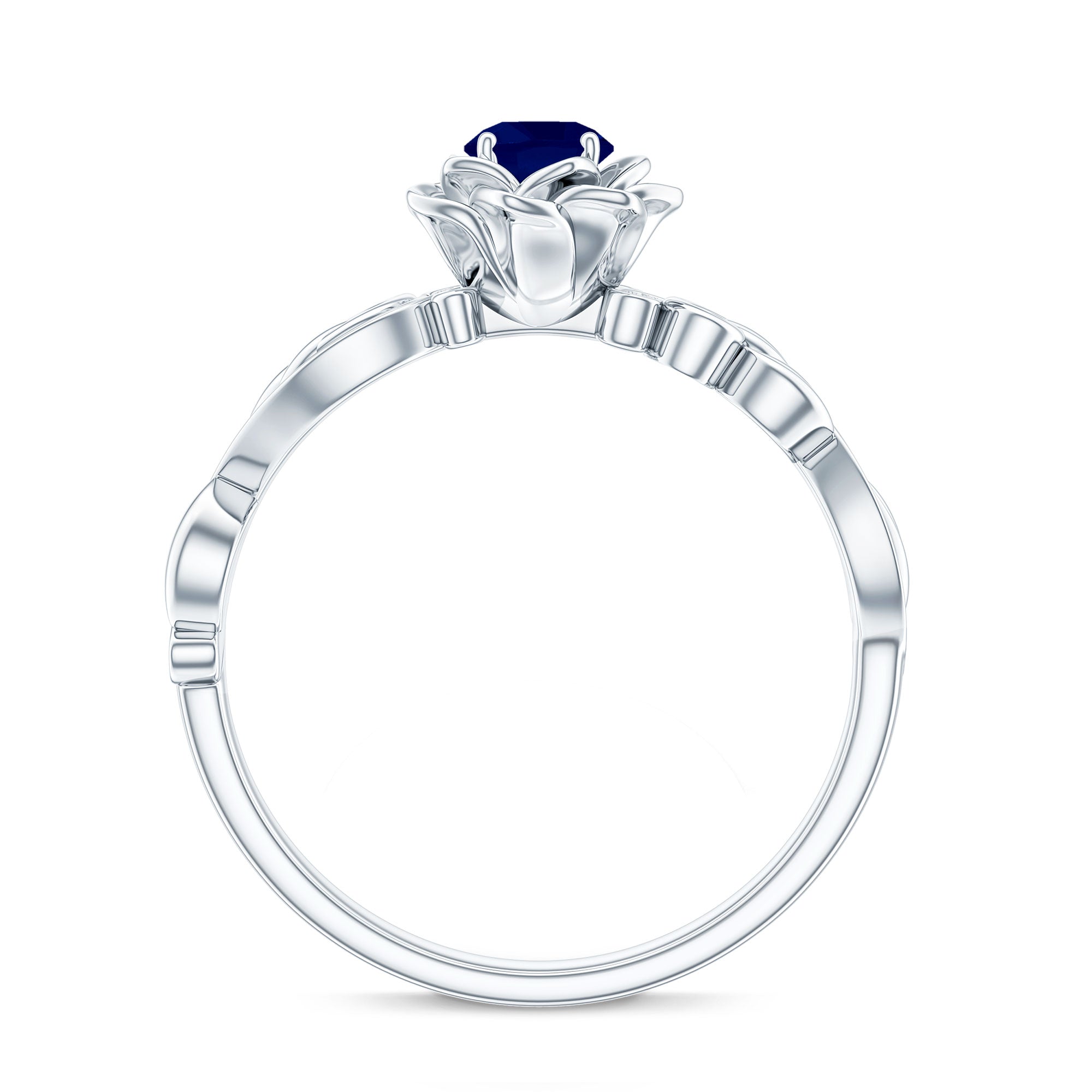 Rosec Jewels-Rose Flower Engagement Ring with Genuine Blue Sapphire and Diamond