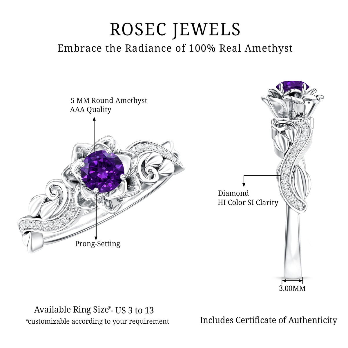 Real Amethyst Nature Inspired Engagement Ring With Diamond AAA - Rosec Jewels