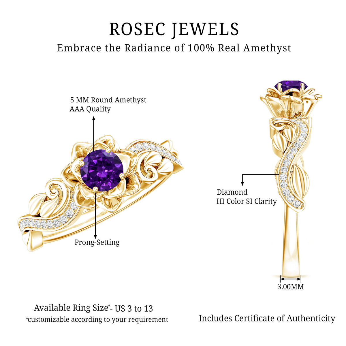 Real Amethyst Nature Inspired Engagement Ring With Diamond AAA - Rosec Jewels
