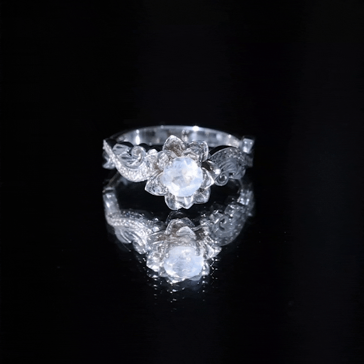 Natural Moonstone Rose Flower Engagement Ring With Diamond AAA - Rosec Jewels