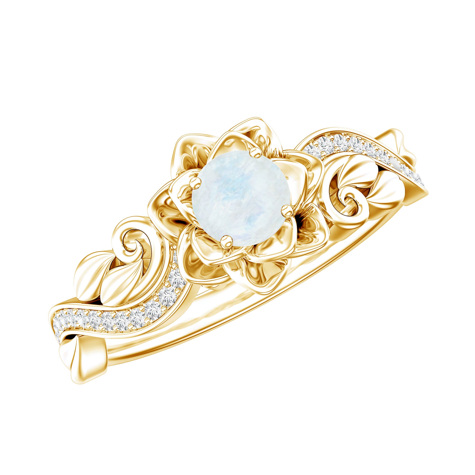 Natural Moonstone Rose Flower Engagement Ring With Diamond AAA - Rosec Jewels