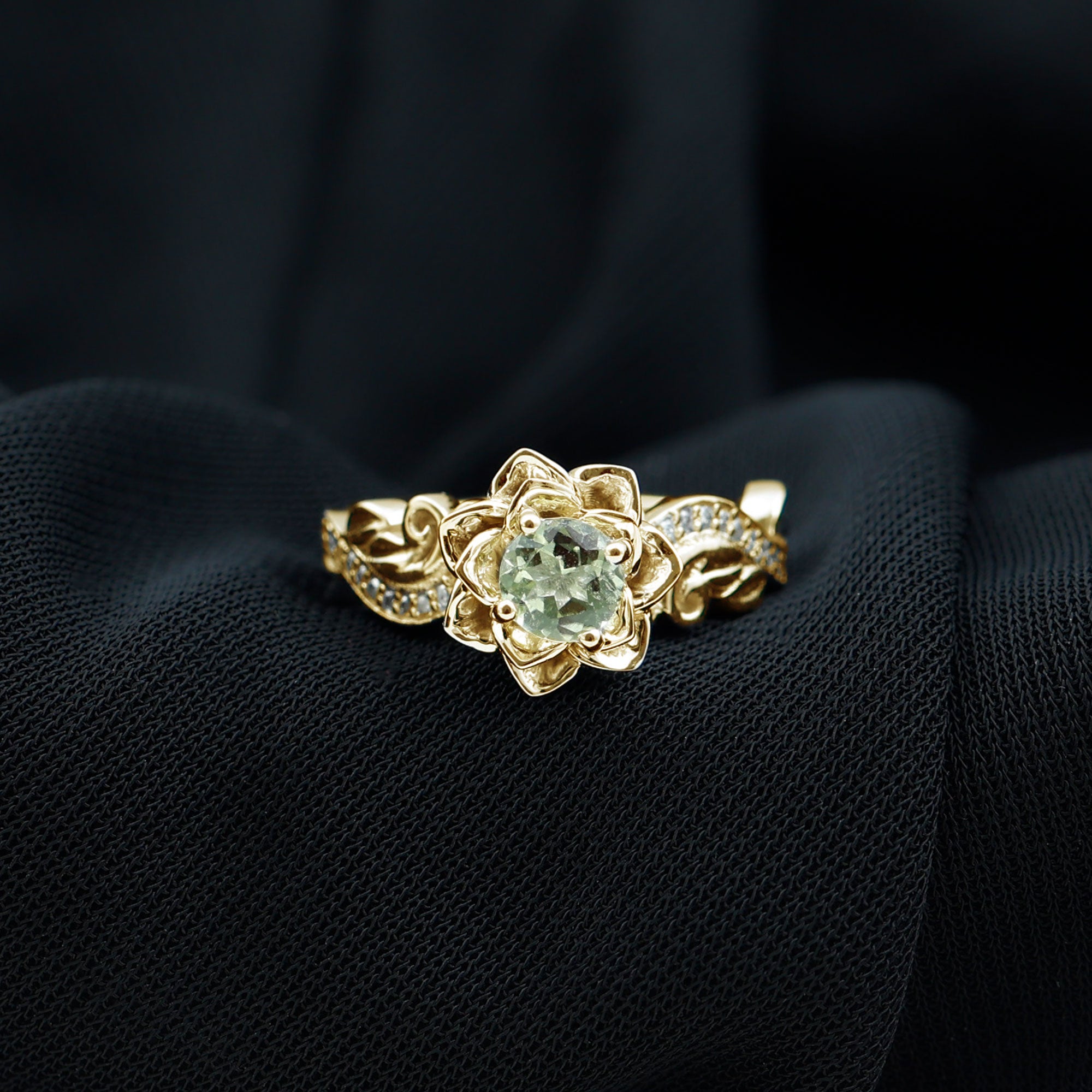Genuine Peridot and Diamond Flower Inspired Engagement Ring AAA - Rosec Jewels
