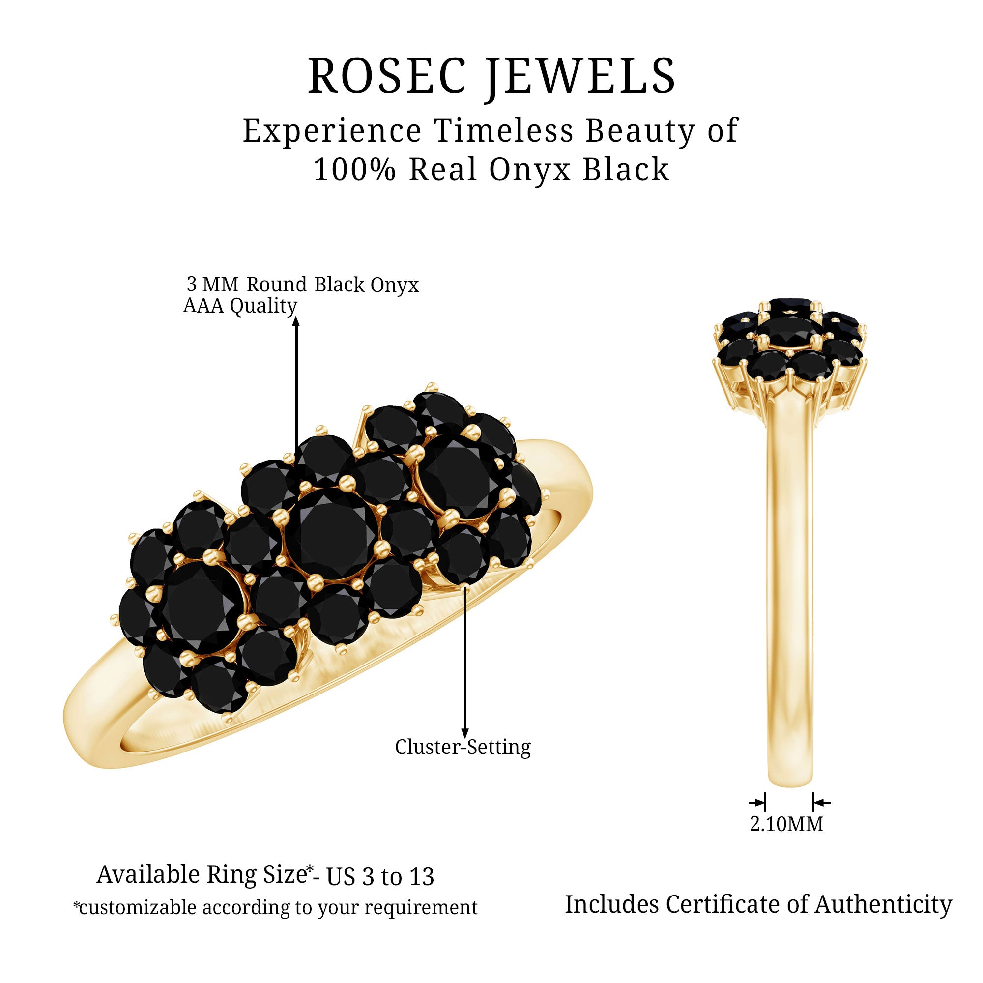 Certified Black Onyx Flower Engagement Ring AAA - Rosec Jewels