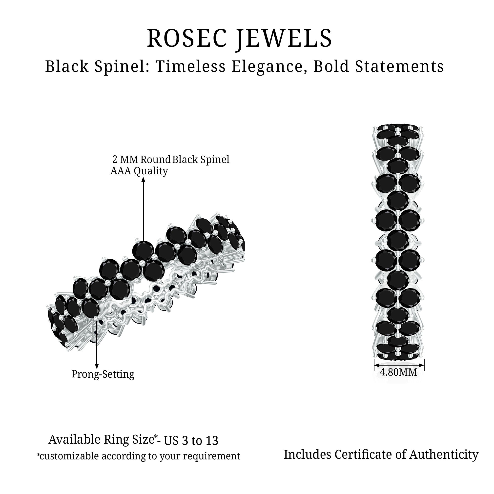Natural Black Spinel Cluster Eternity Ring in Prong Setting AAA - Rosec Jewels