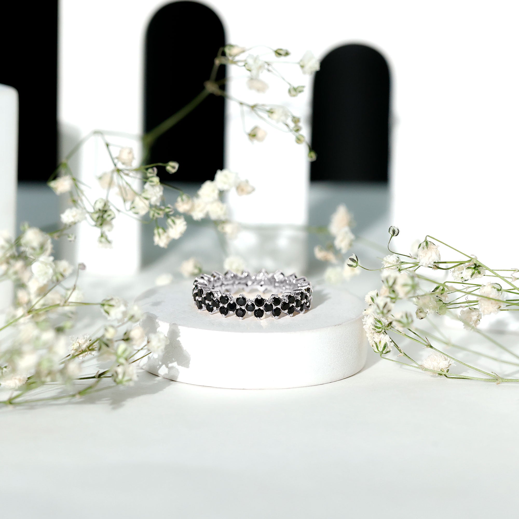 Natural Black Spinel Cluster Eternity Ring in Prong Setting AAA - Rosec Jewels