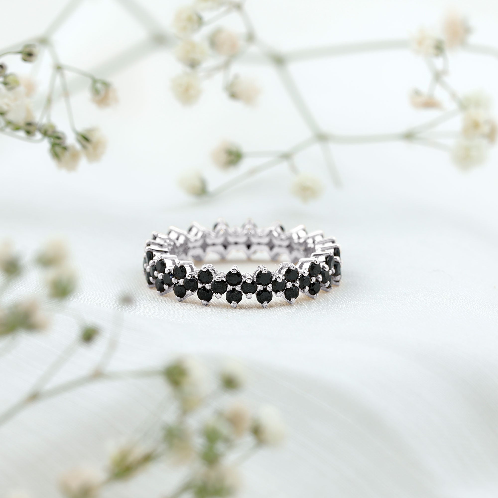 Natural Black Spinel Cluster Eternity Ring in Prong Setting AAA - Rosec Jewels
