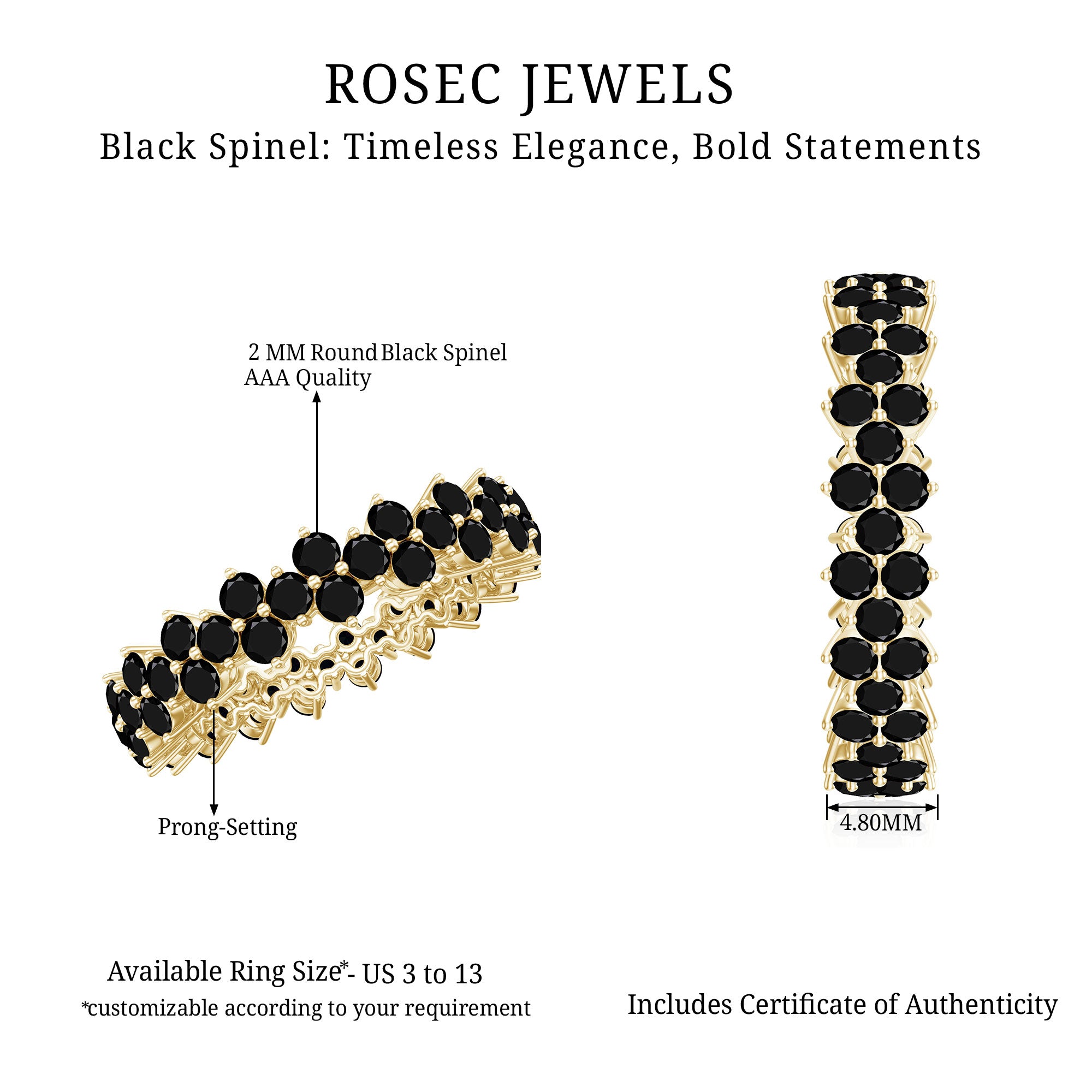 Natural Black Spinel Cluster Eternity Ring in Prong Setting AAA - Rosec Jewels