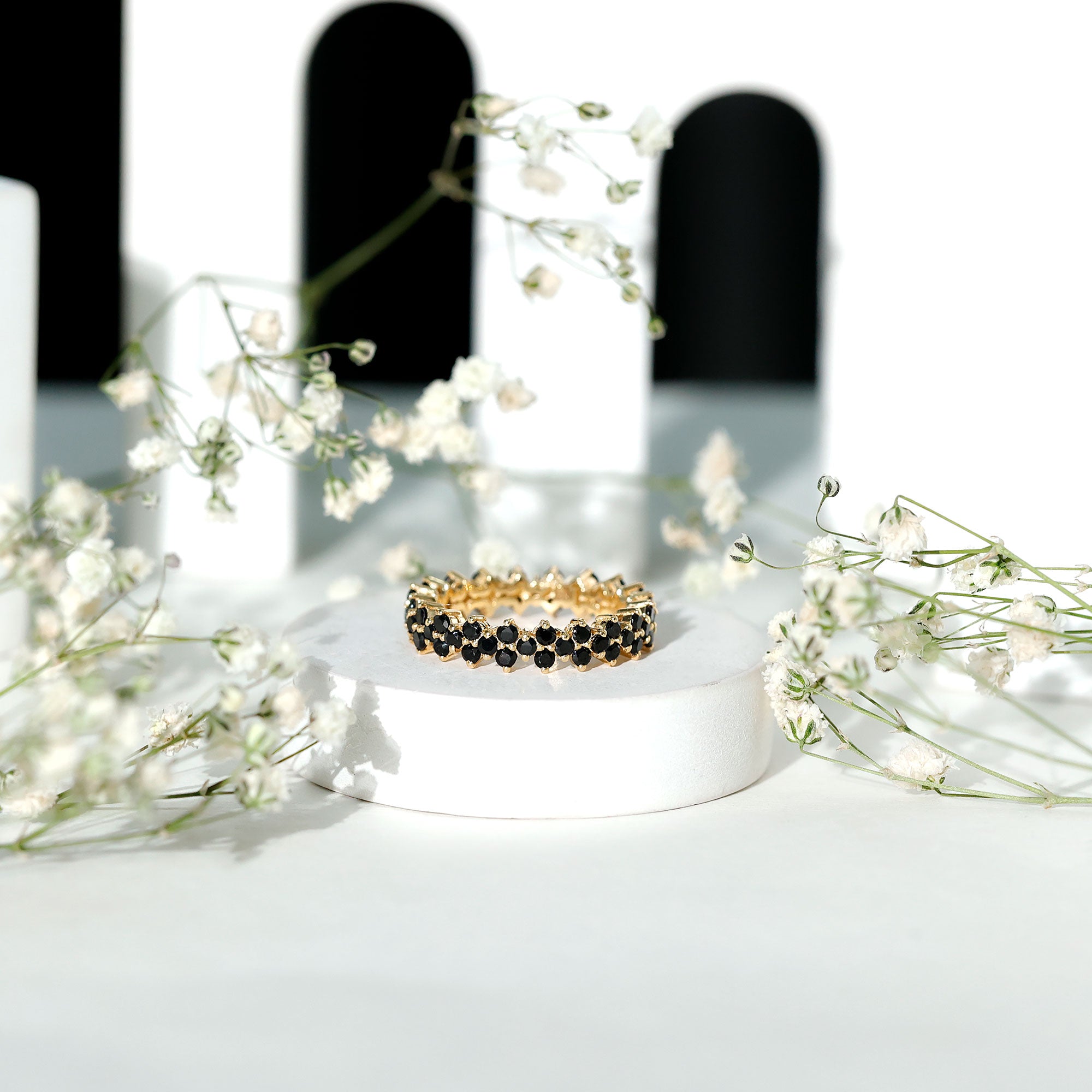 Natural Black Spinel Cluster Eternity Ring in Prong Setting AAA - Rosec Jewels