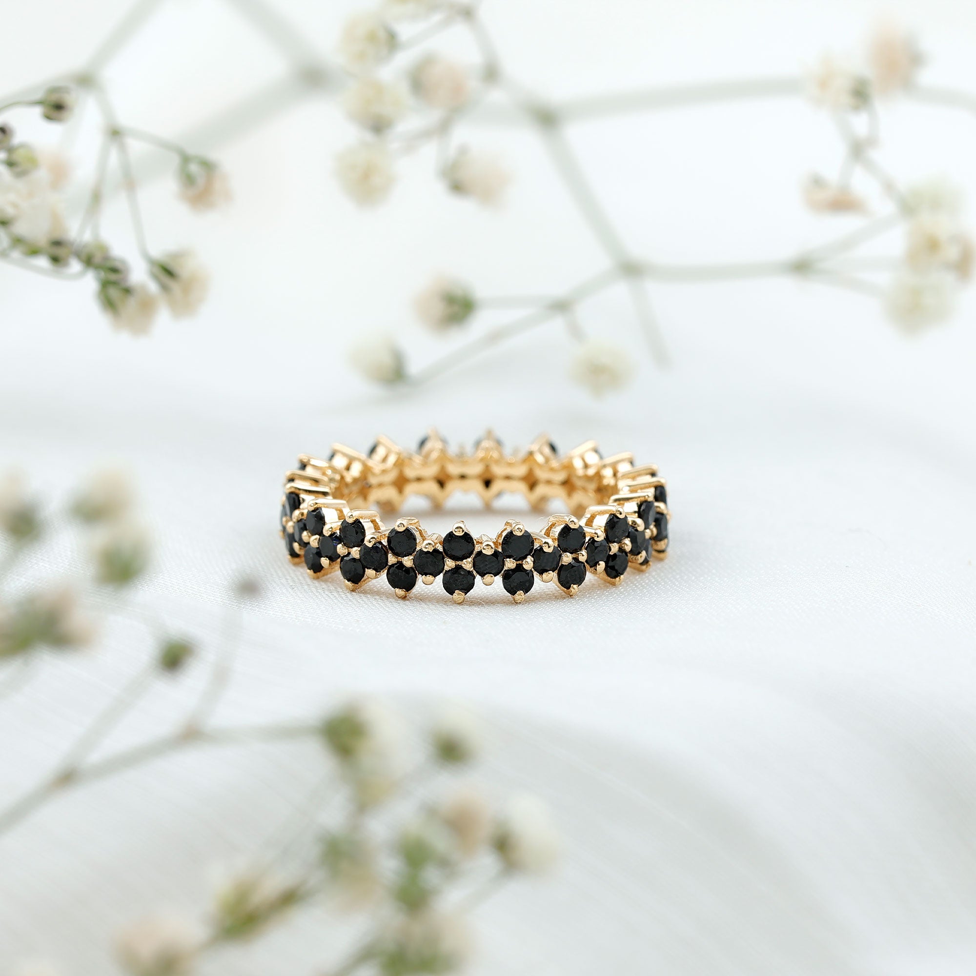 Natural Black Spinel Cluster Eternity Ring in Prong Setting AAA - Rosec Jewels