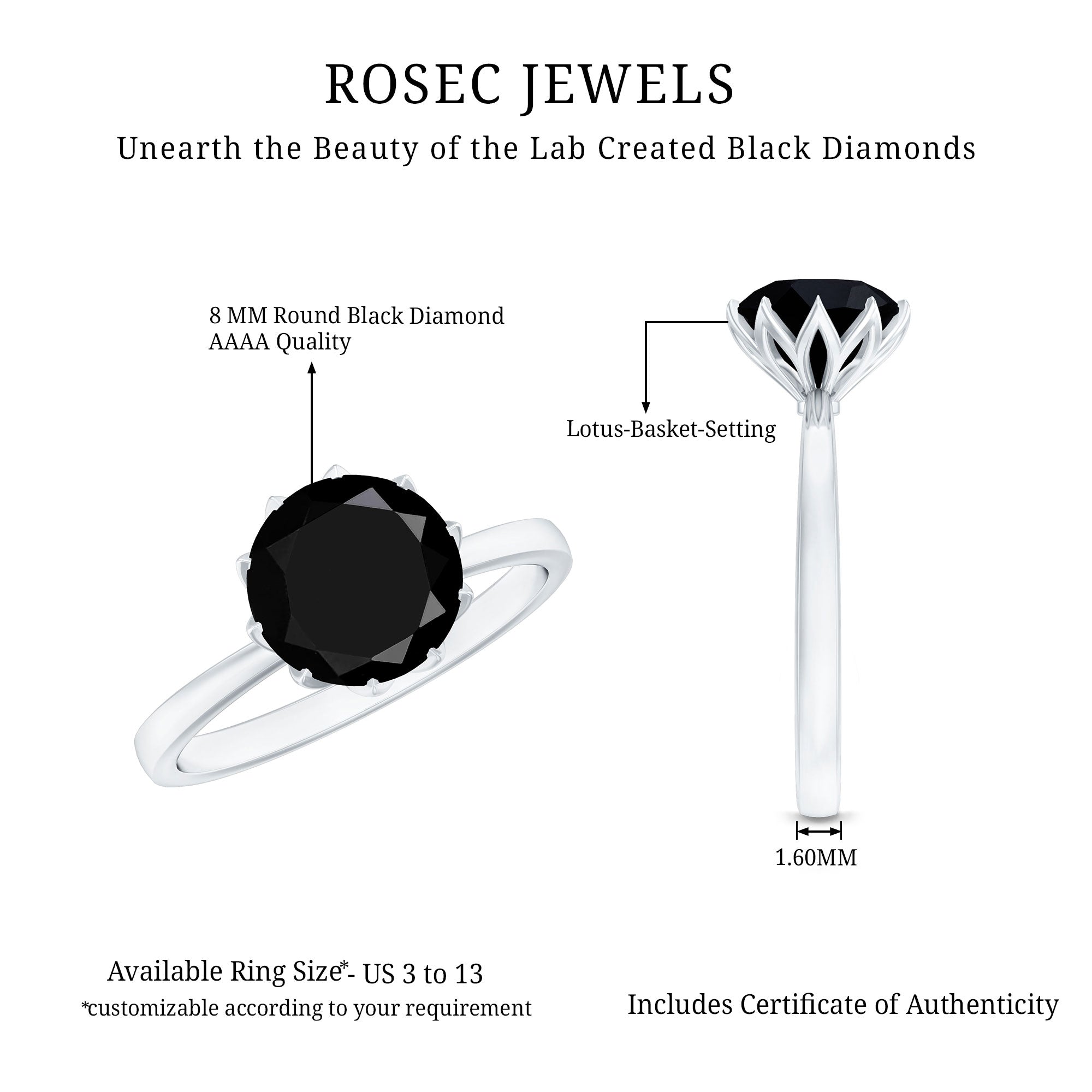 Certified 2 Carat Lab Grown Black Diamond Solitaire Engagement Ring AAAA ( Synthetic ) - Rosec Jewels