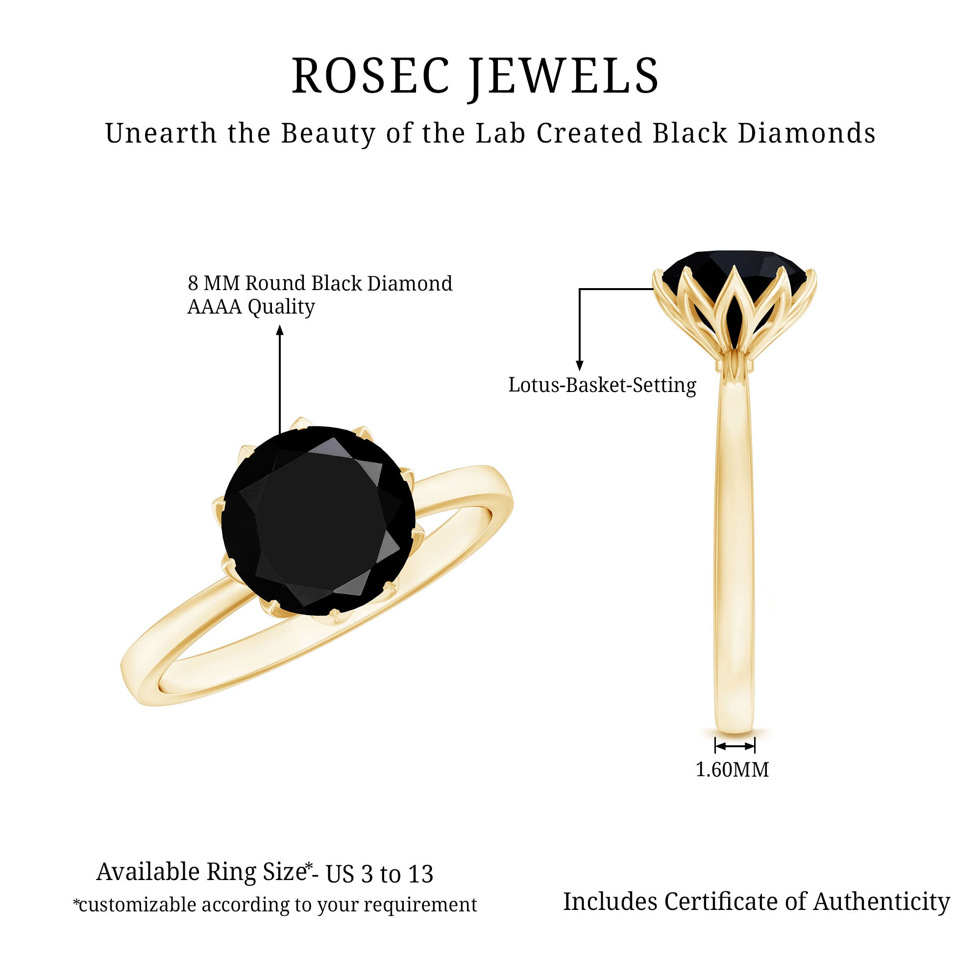 Certified 2 Carat Lab Grown Black Diamond Solitaire Engagement Ring AAAA ( Synthetic ) - Rosec Jewels
