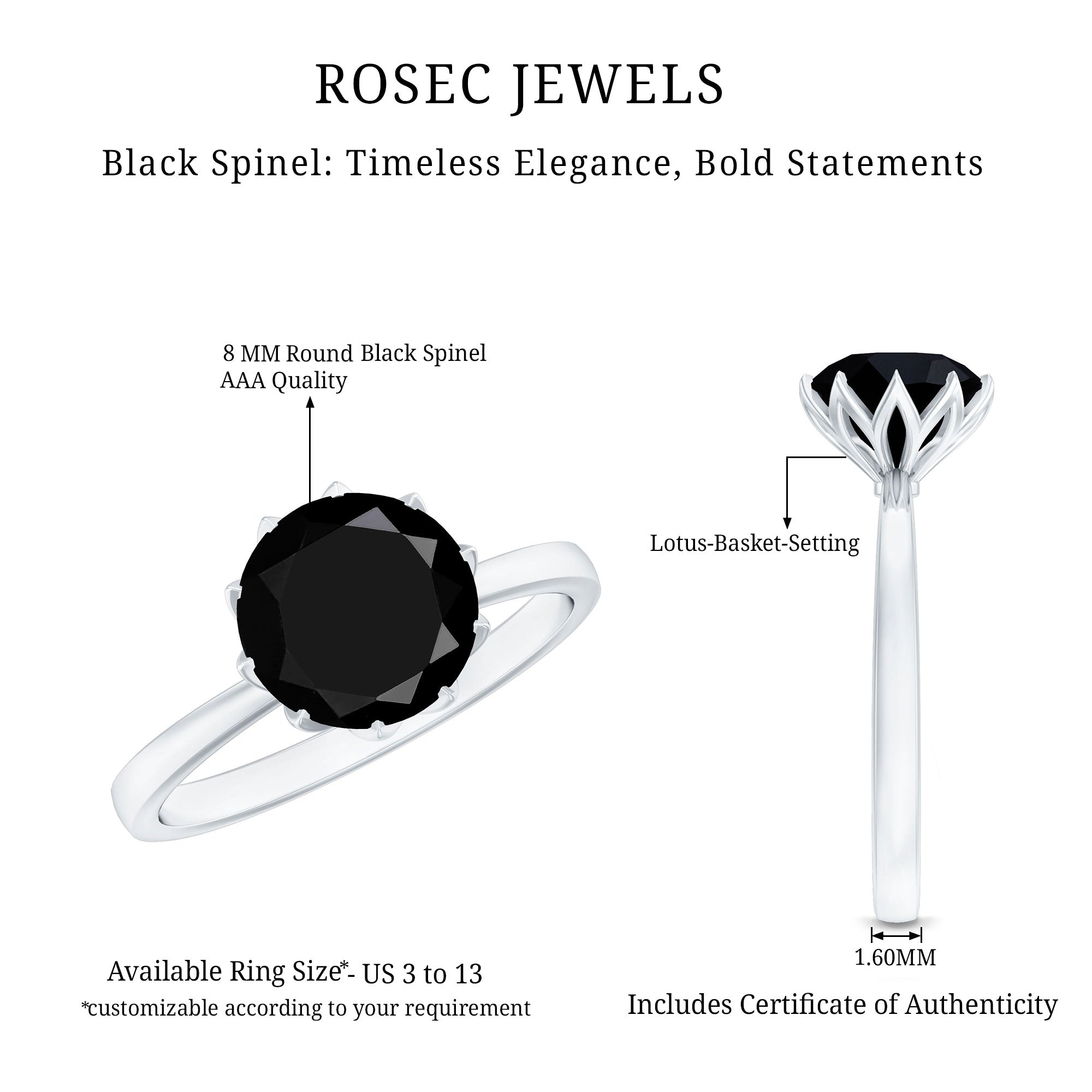 Natural 2.68 Carat Black Spinel Solitaire Engagement Ring AAA - Rosec Jewels