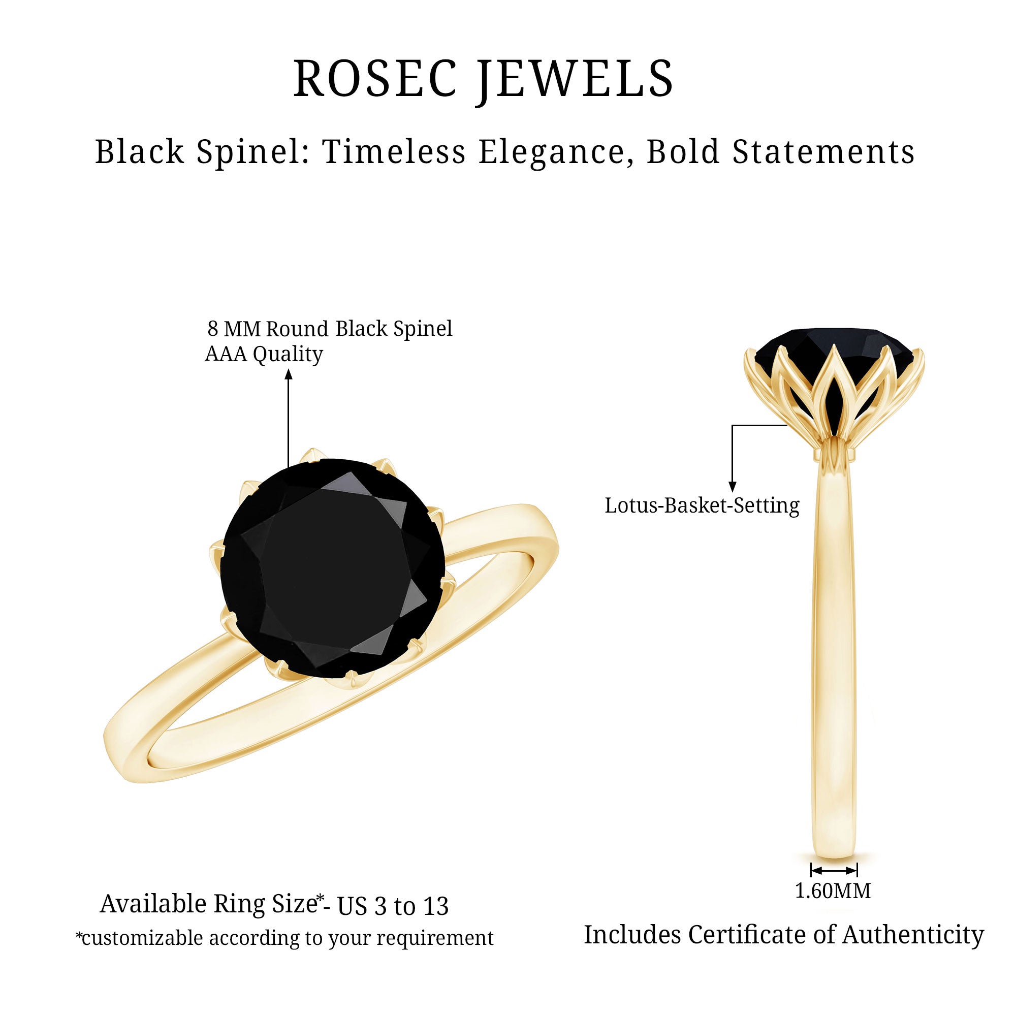 Natural 2.68 Carat Black Spinel Solitaire Engagement Ring AAA - Rosec Jewels