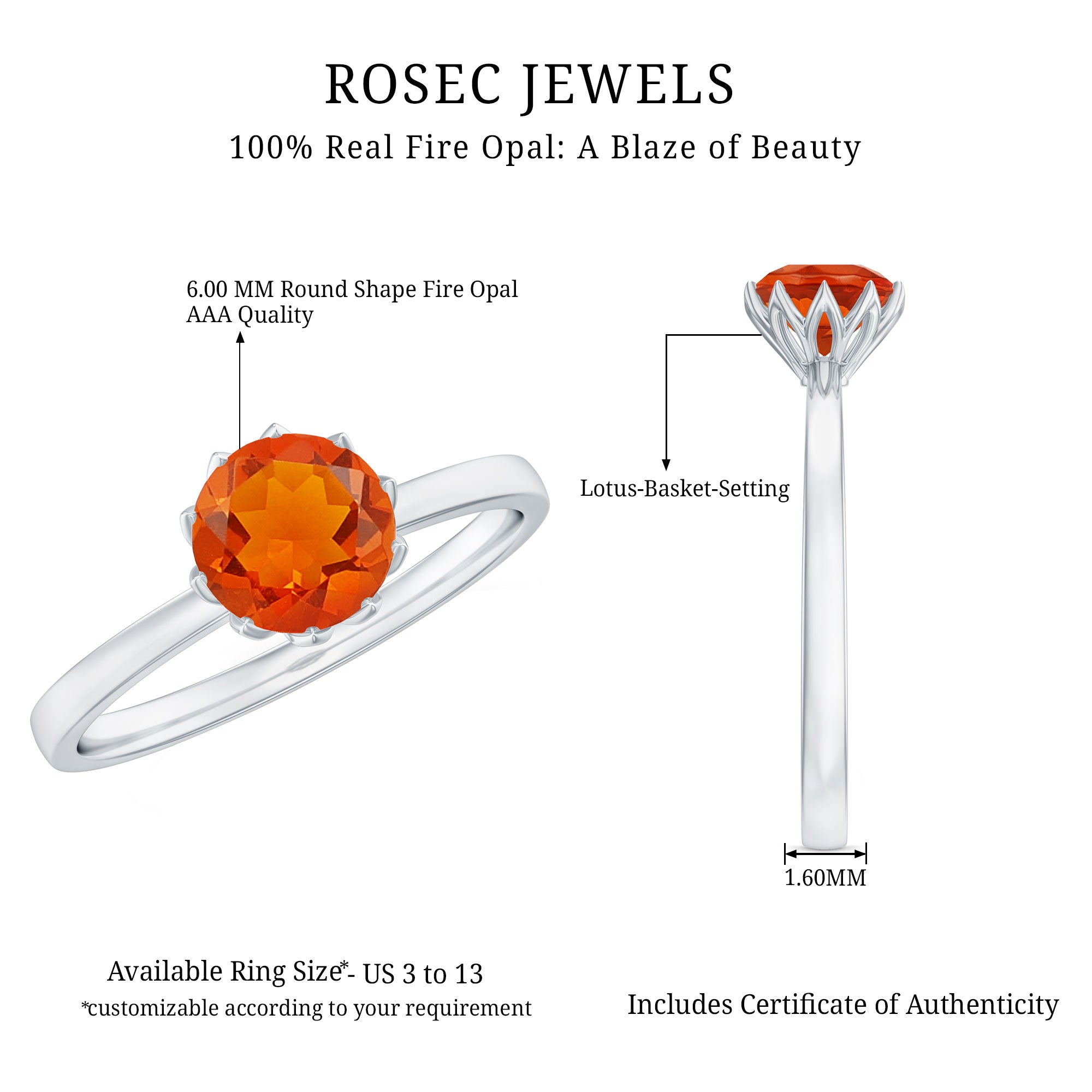 0.75 Carat Round Fire Opal Solitaire Ring in Lotus Basket Setting AAA - Rosec Jewels
